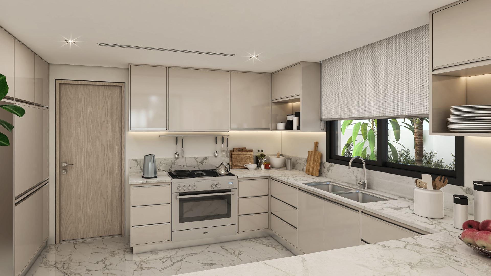 Modern dining and living area in Murooj Al Furjan villa, featuring elegant decor and lighting