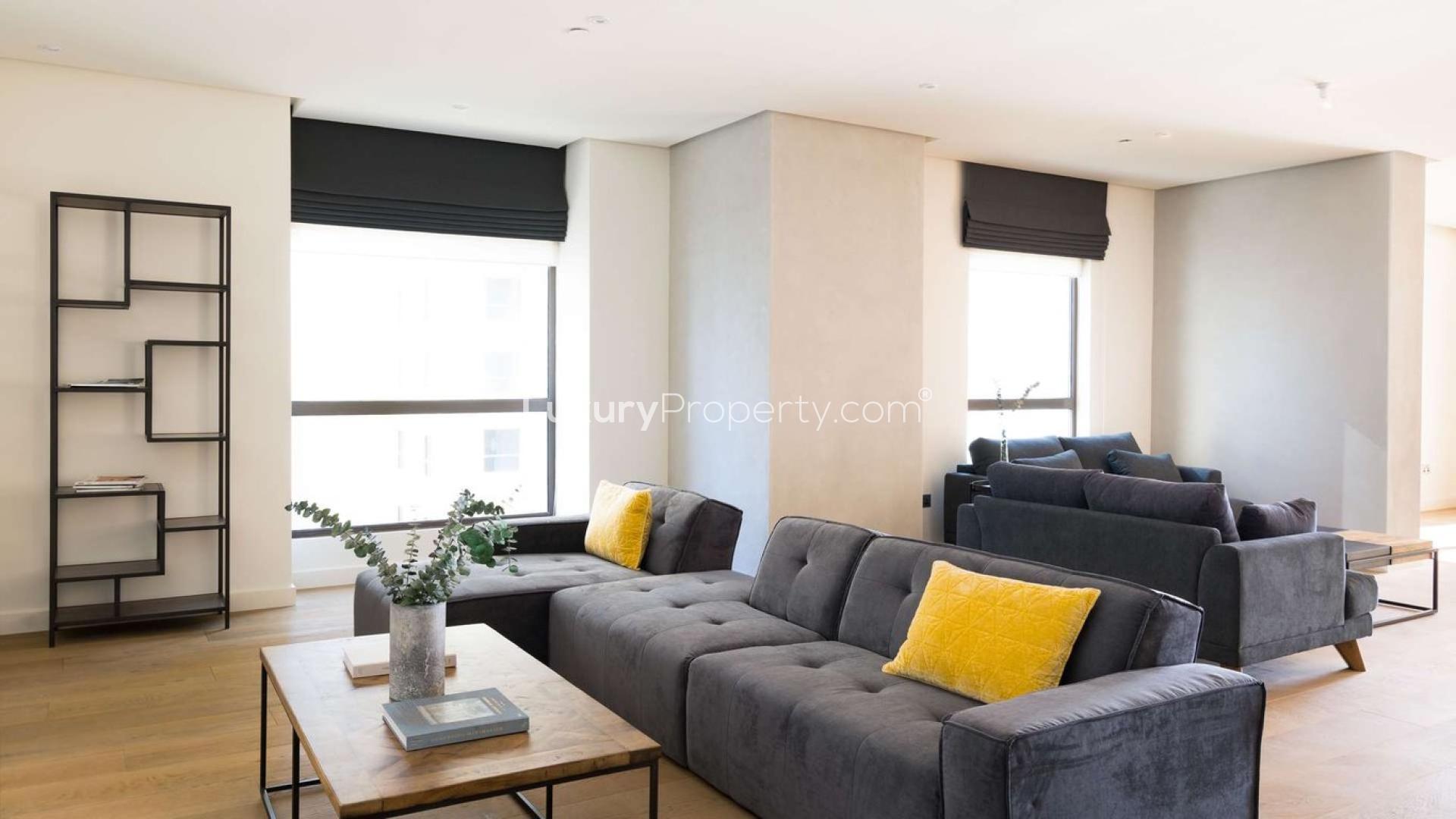Luxurious JBR penthouse living room with modern furniture, Murjan sub-community, available for rent