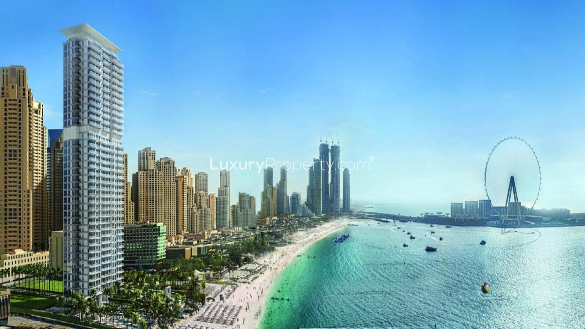 Luxurious lobby in La Vie, Jumeirah Beach Residence apartment, featuring modern decor and ocean views