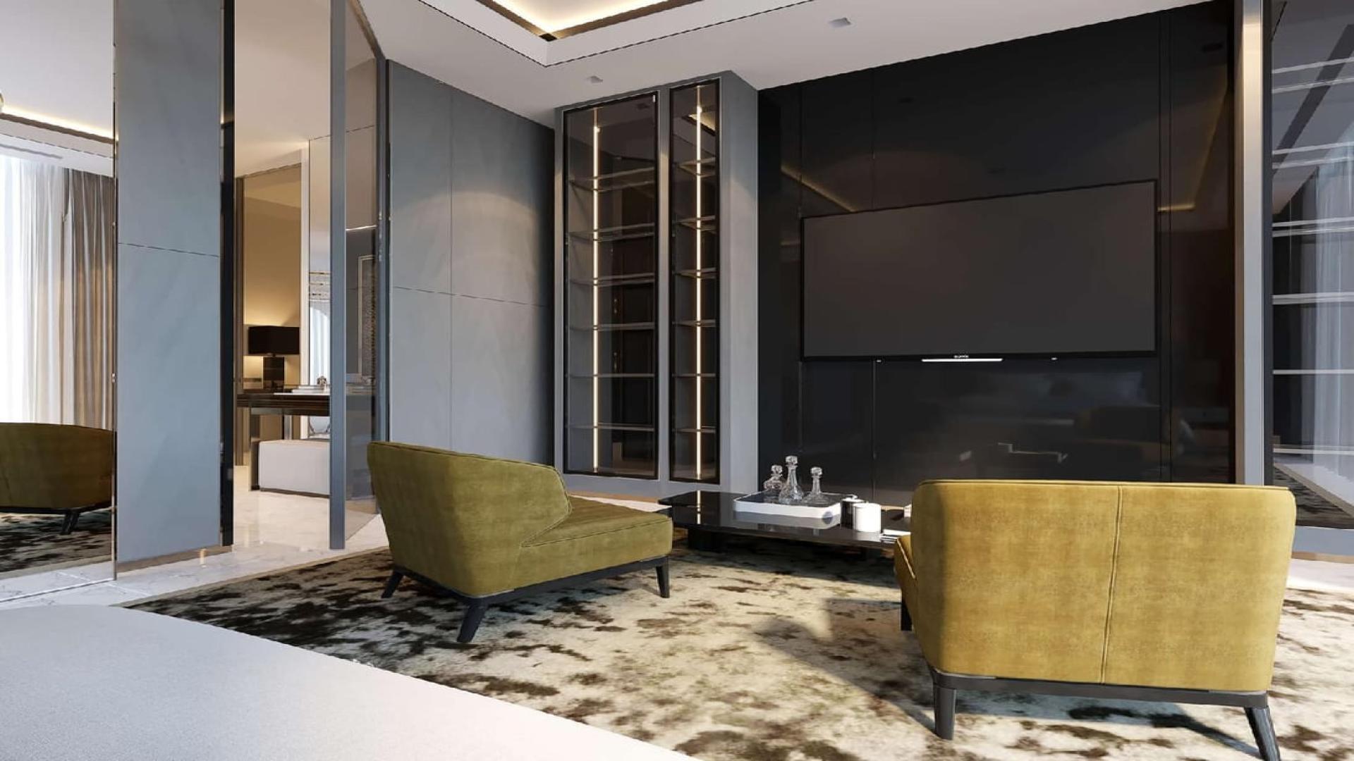 Luxurious living room in duplex penthouse, Palm Jumeirah, Dubai, featuring elegant decor