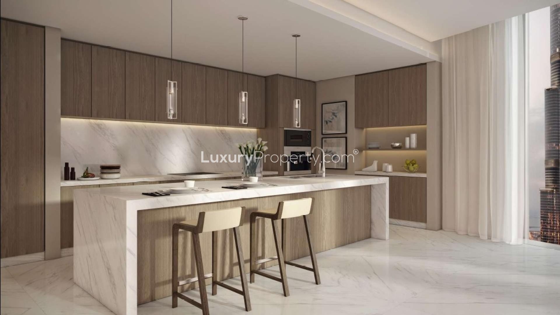 Downtown Dubai Opera District skyline with bustling street view, showcasing luxury penthouse vicinity