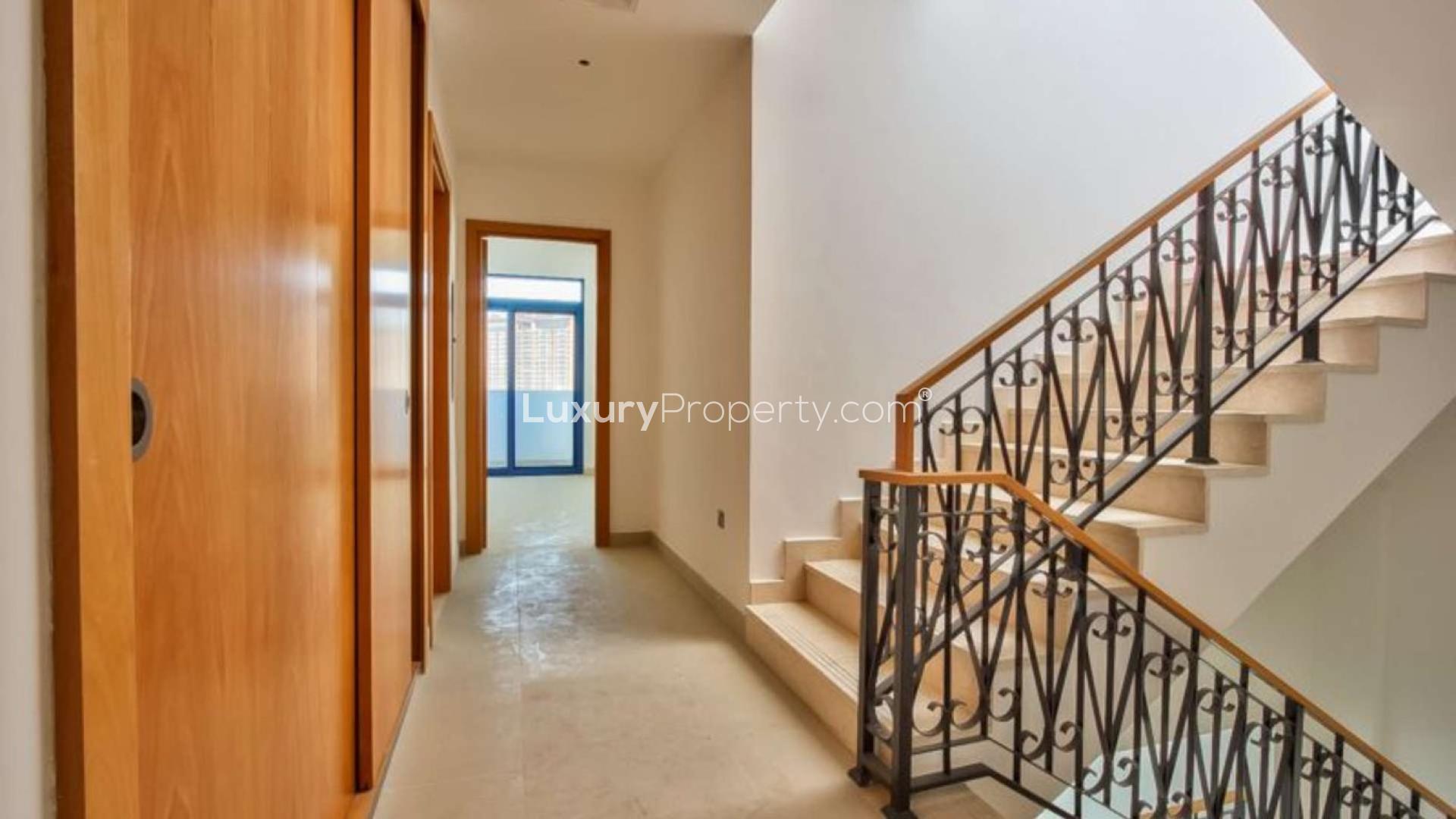 Elegant staircase and hallway in Palma Residences townhouse, Palm Jumeirah, for sale