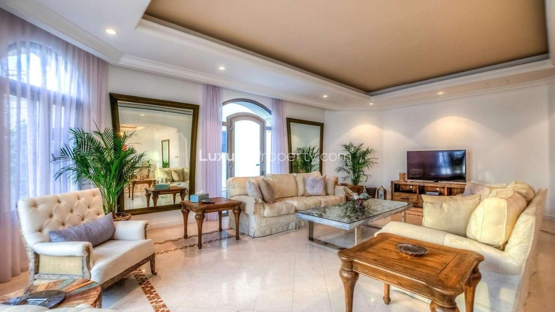 Luxurious living room in Palm Jumeirah villa, elegant decor, spacious seating area