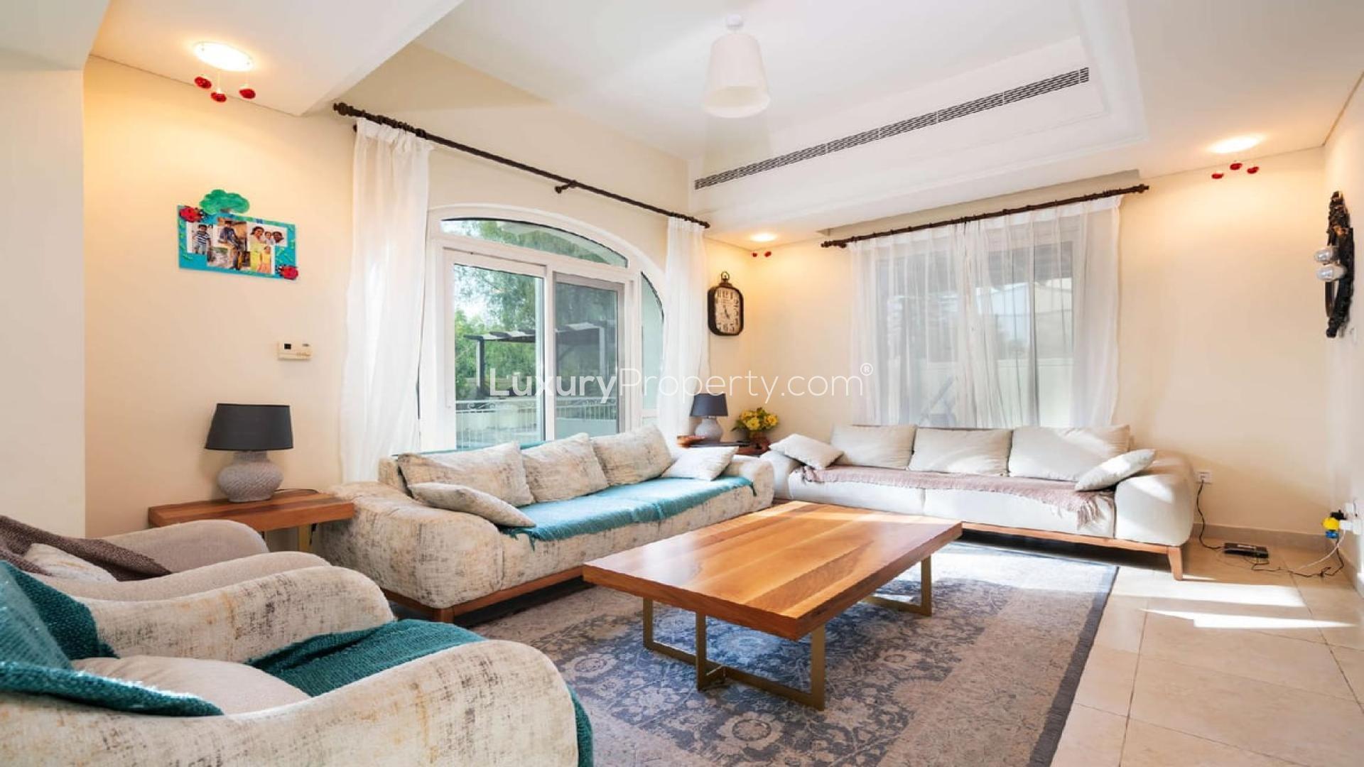 Bright living room in 5-bedroom villa for rent, Victory Heights, Dubai Sports City