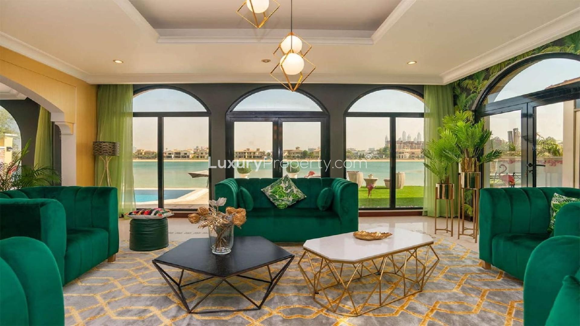 Furnished living room in modern beachfront villa, Palm Jumeirah, with sea view