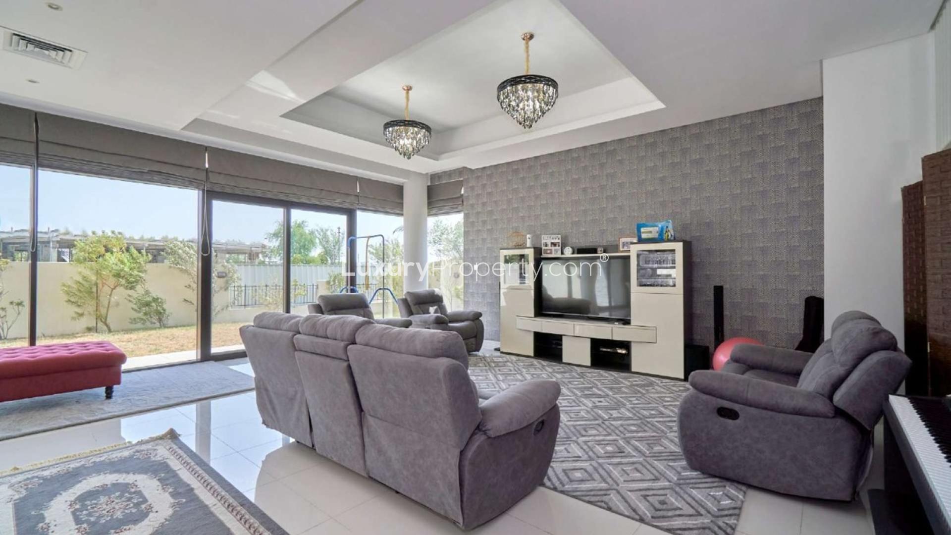 Luxurious living room in 5-bedroom villa for rent, Damac Hills, The Field, modern decor