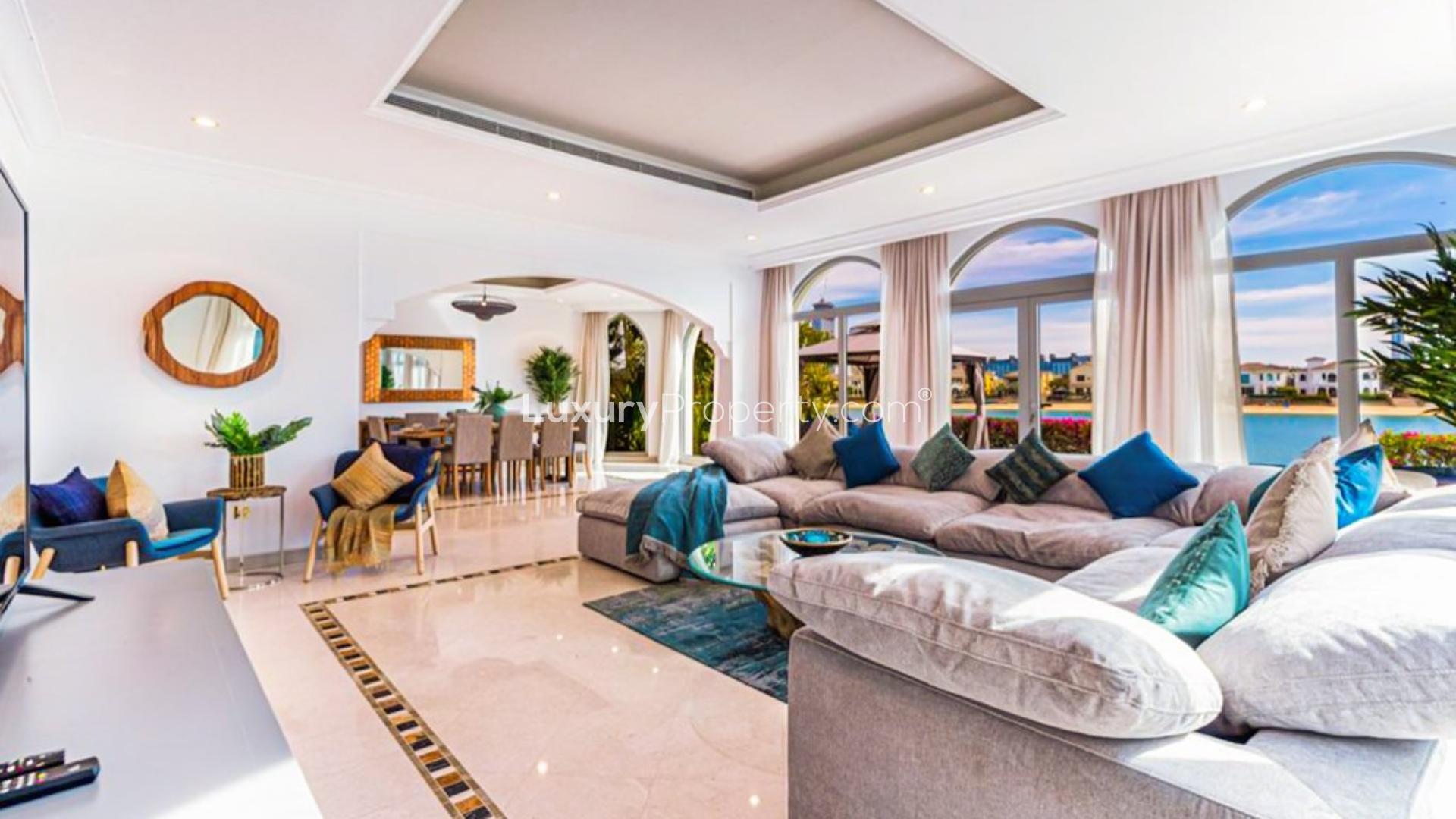 Furnished luxury villa exterior with garden, Palm Jumeirah, available for rent, 5 bedrooms