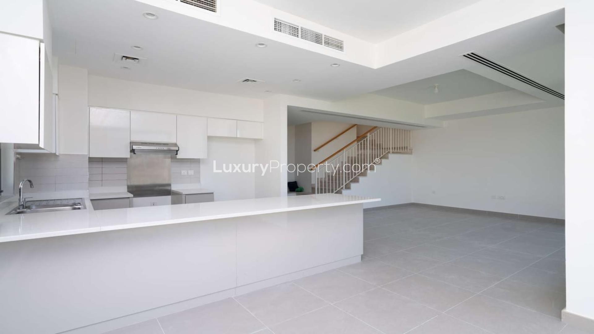 Villa patio with green lawn, Dubai Hills Estate, Maple community, ideal family home rental