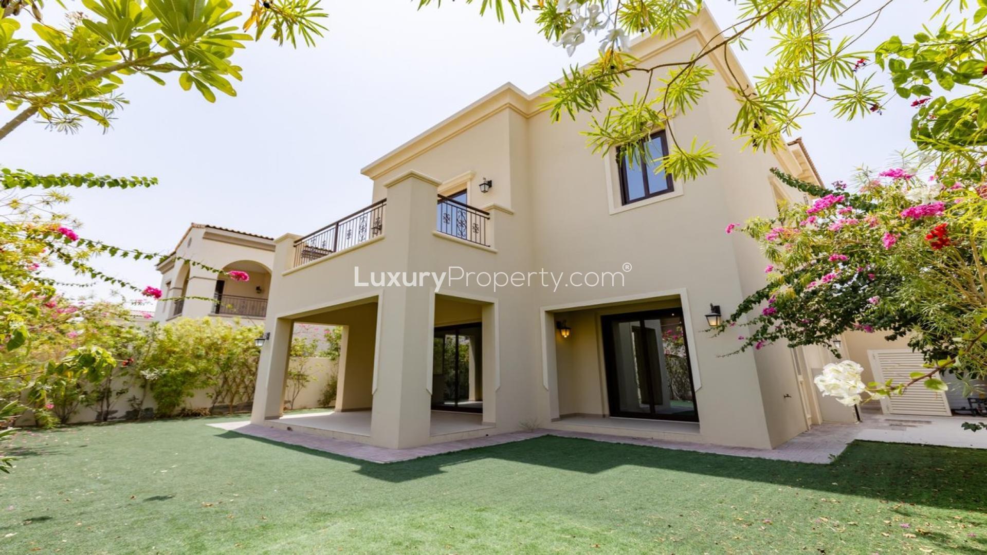Spacious living room with large windows in Lila villa, Arabian Ranches 2, available for rent