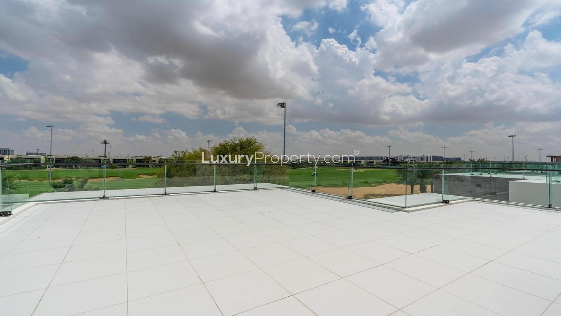 Brand new villa interior with large windows and golf course view in Damac Hills