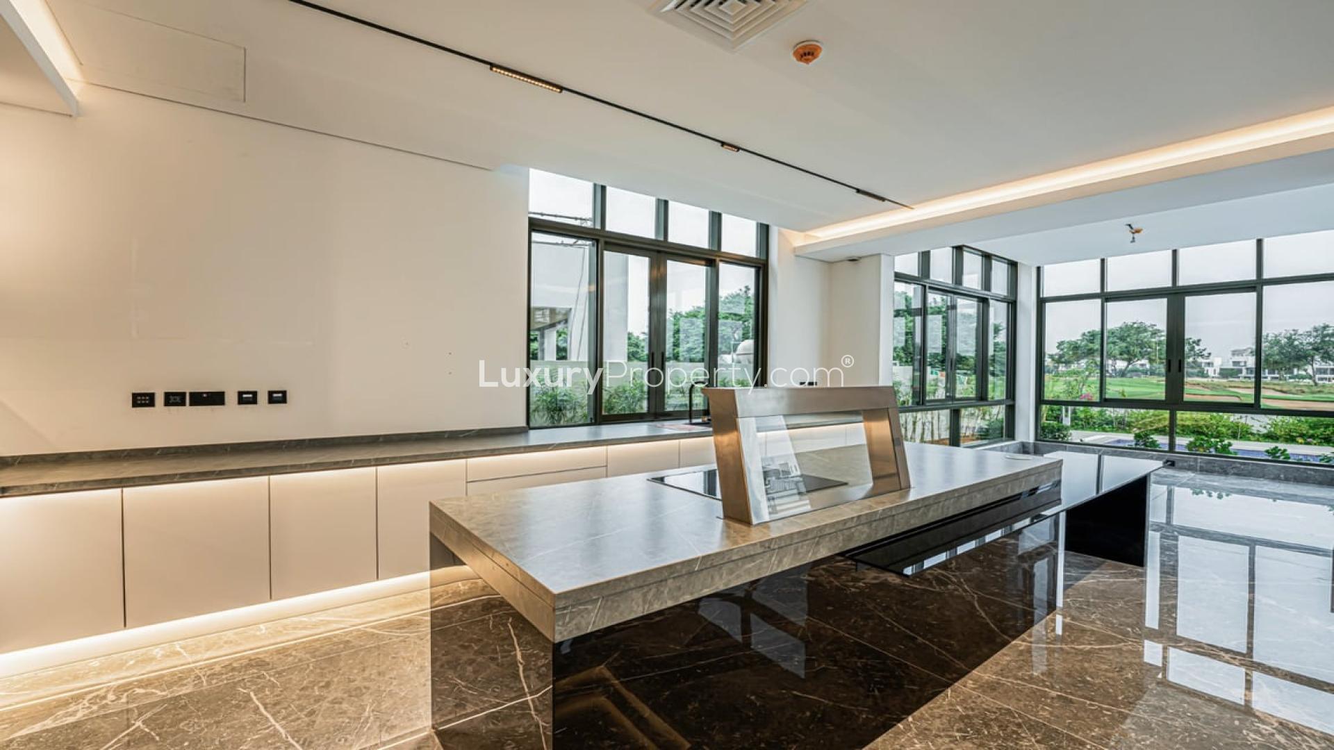 Luxurious villa interior with marble floors and large windows, Jumeirah Golf Estates
