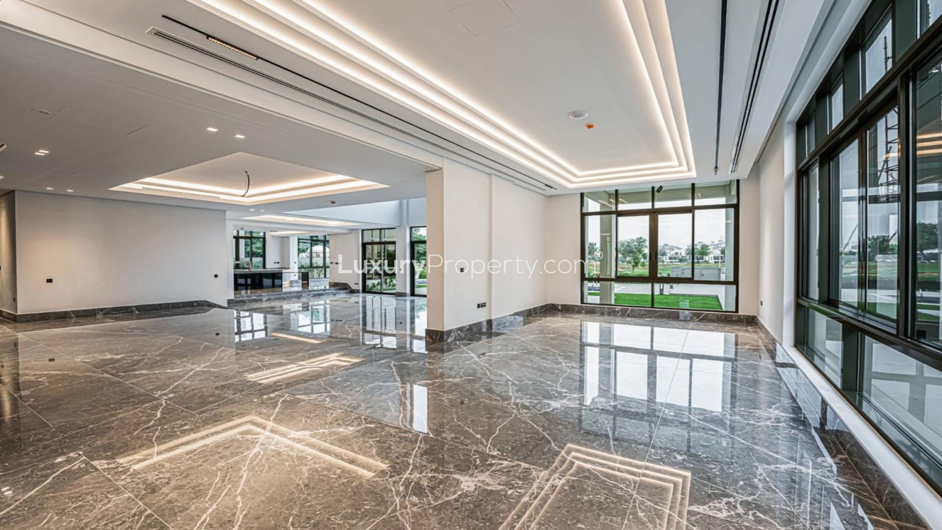 Stunning custom villa exterior with garden in Jumeirah Golf Estates, Fire community, for rent