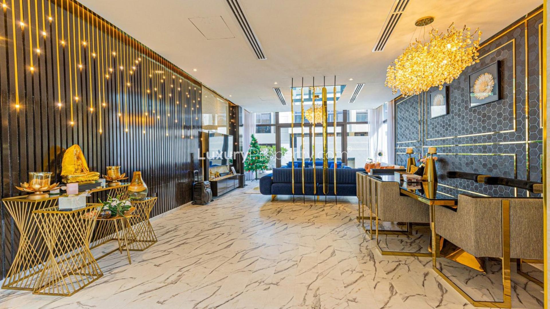 Luxurious living room in upgraded Damac Hills villa, Brookfield community, available for rent