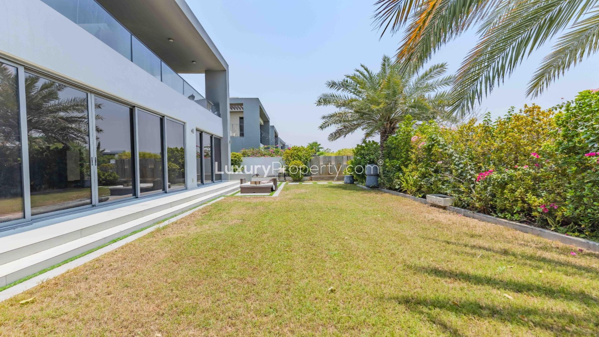 Luxurious living room in furnished villa, Sidra Villas, Dubai Hills Estate, large windows, elegant decor