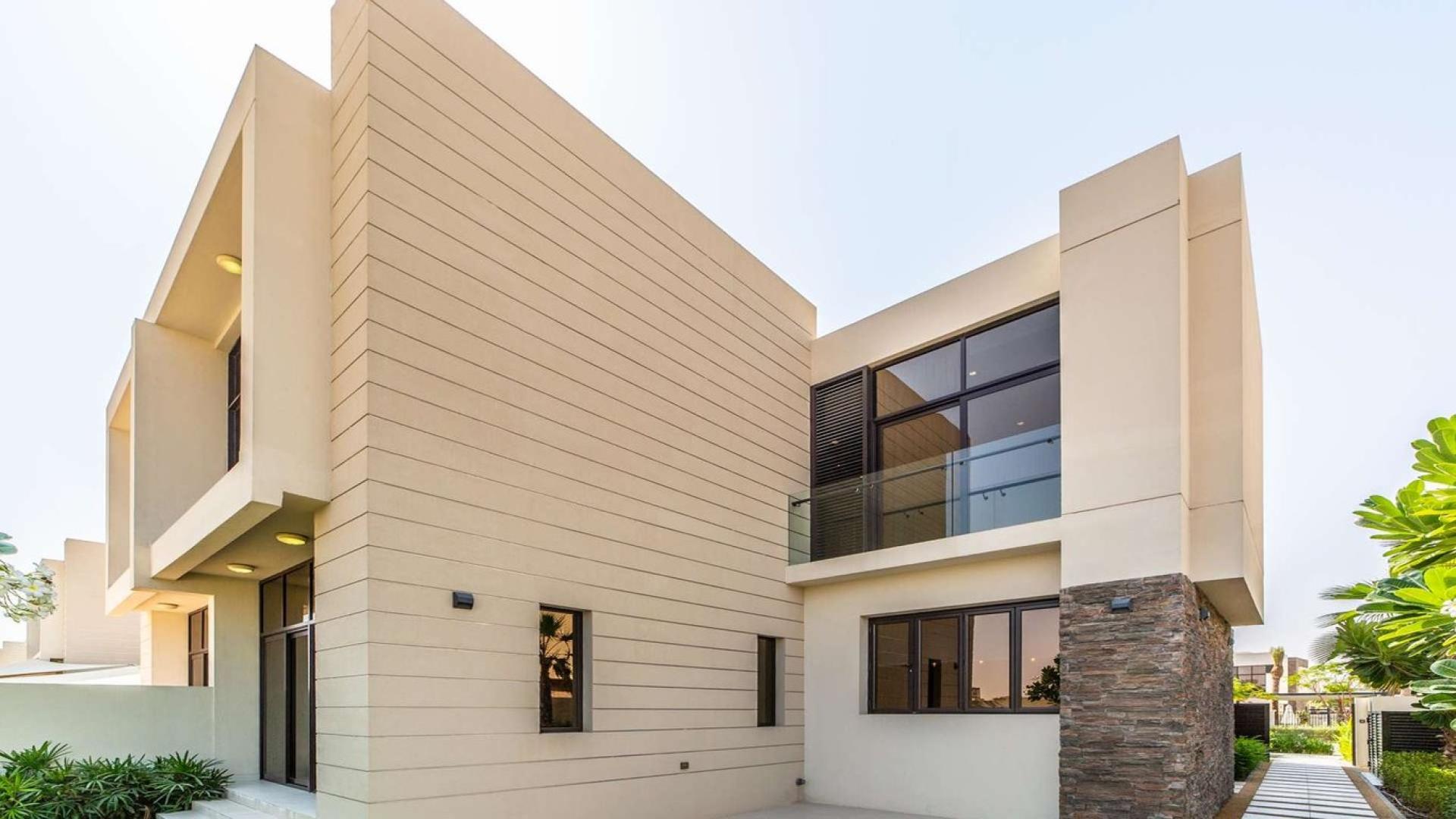 Modern villas in Piccadilly Green, Damac Hills, Dubailand for sale, palm-lined street view