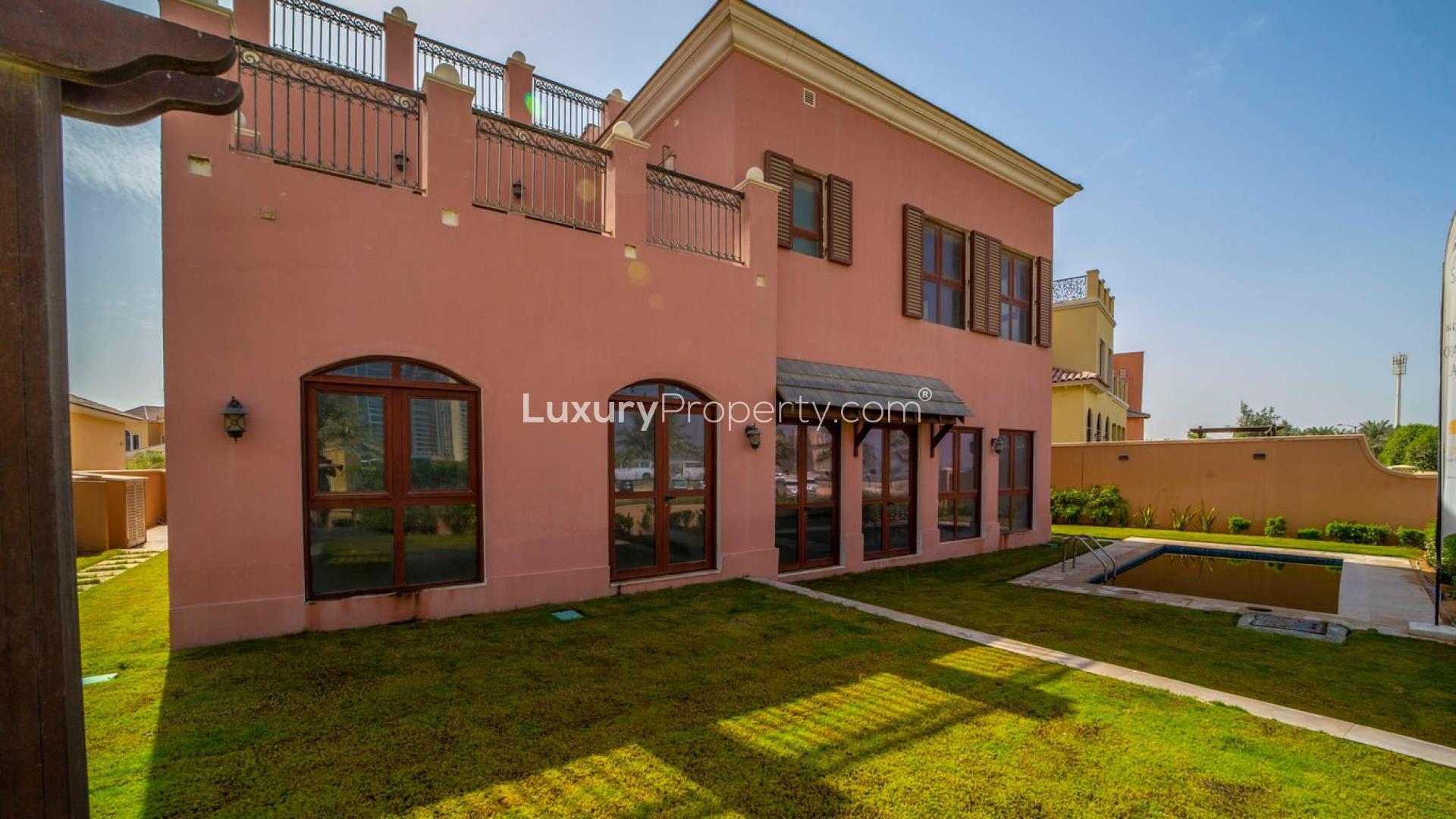 Provencal style 5-bedroom villa exterior in Jumeirah Golf Estates, Fire community, for sale