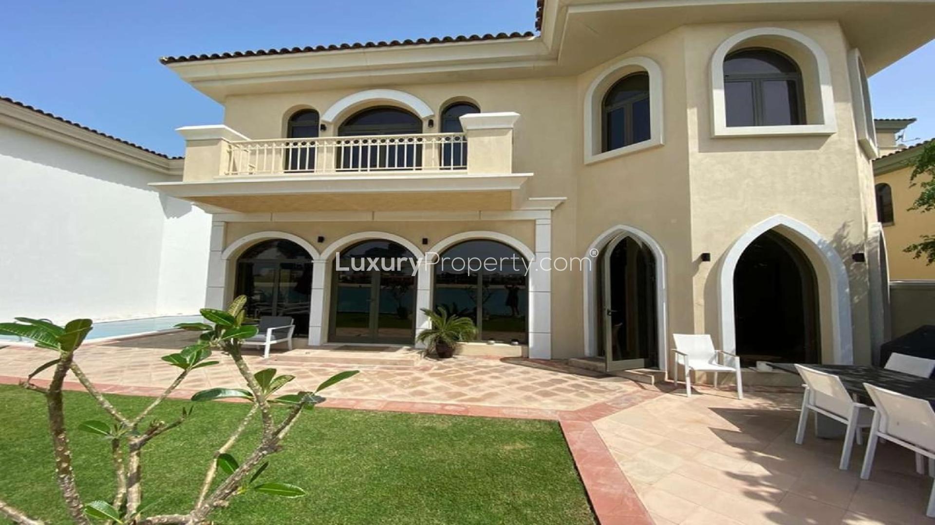 Elegant villa interior with garden and waterfront view on Palm Jumeirah, Dubai