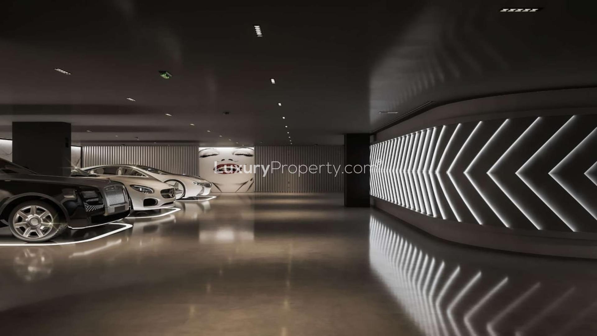 Luxurious living room in Palm Jumeirah villa with modern decor and stunning sea view