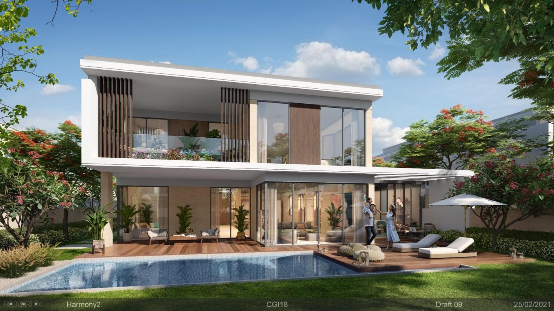 Modern 5-bedroom villa exterior with garden, garage, and family in Harmony III, Tilal Al Ghaf