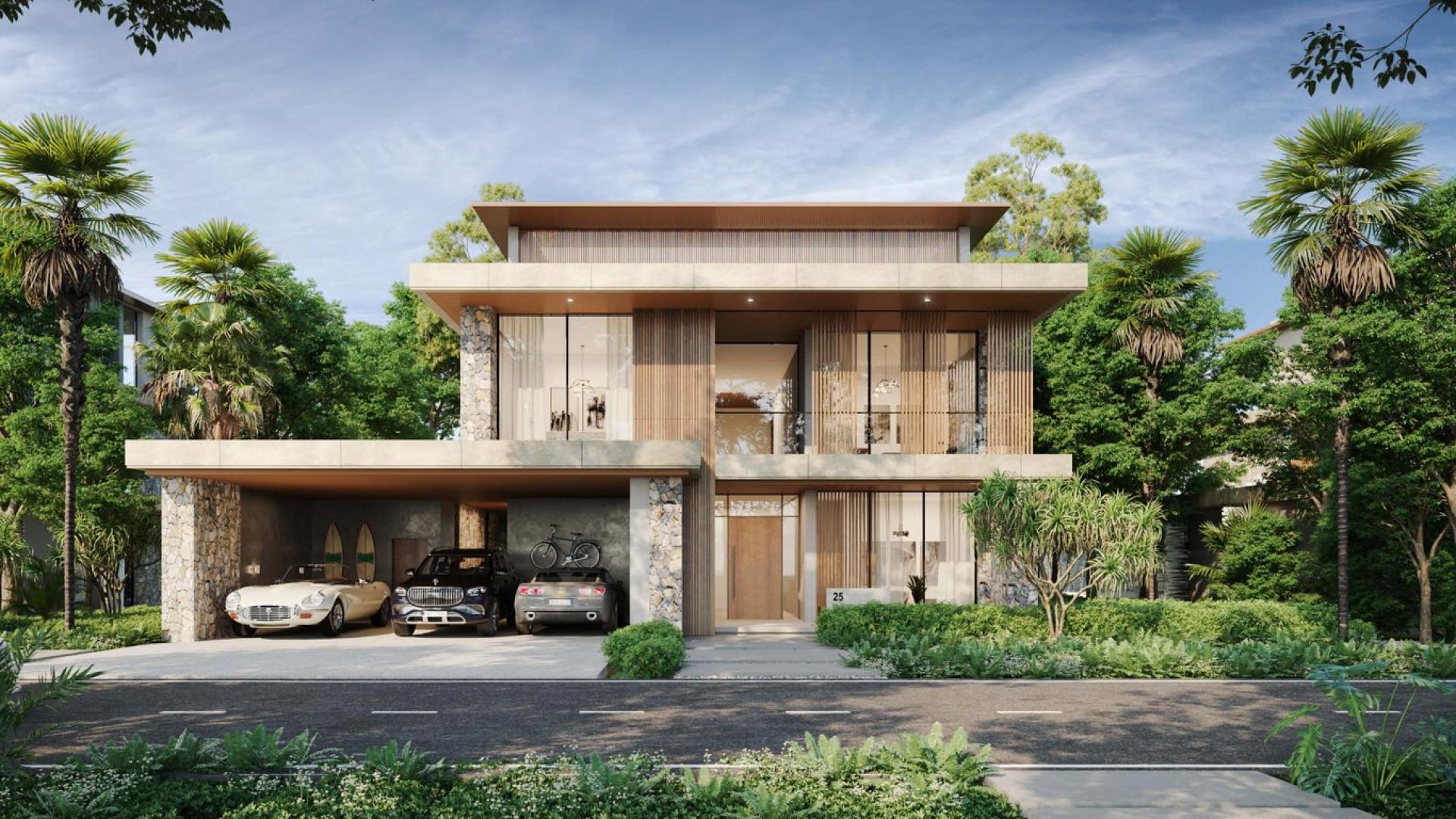 Stunning modern five-bedroom villa exterior in Alaya, Tilal Al Ghaf, surrounded by lush greenery