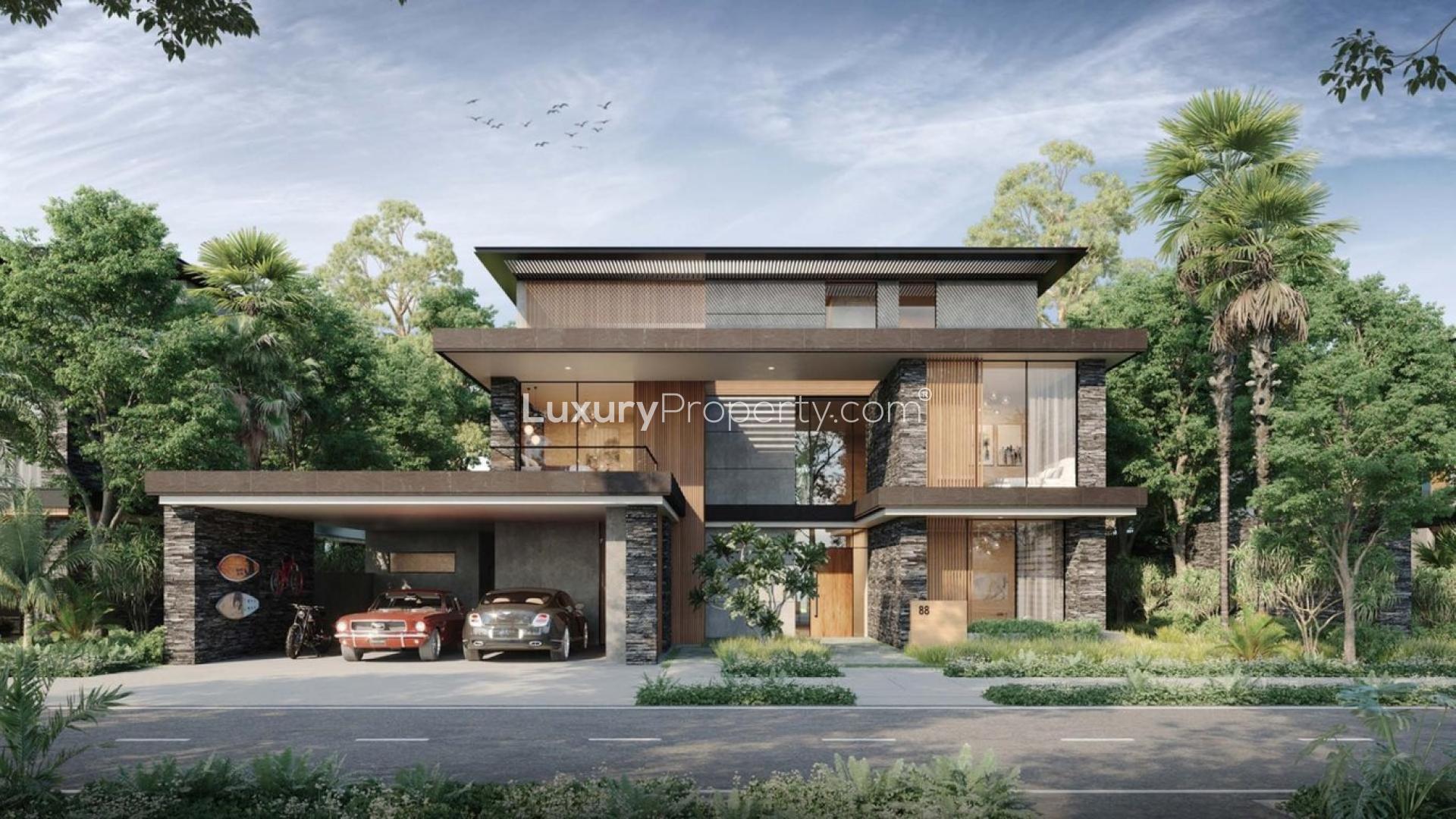 Luxurious villa interior with dining area, pool view in Alaya, Tilal Al Ghaf