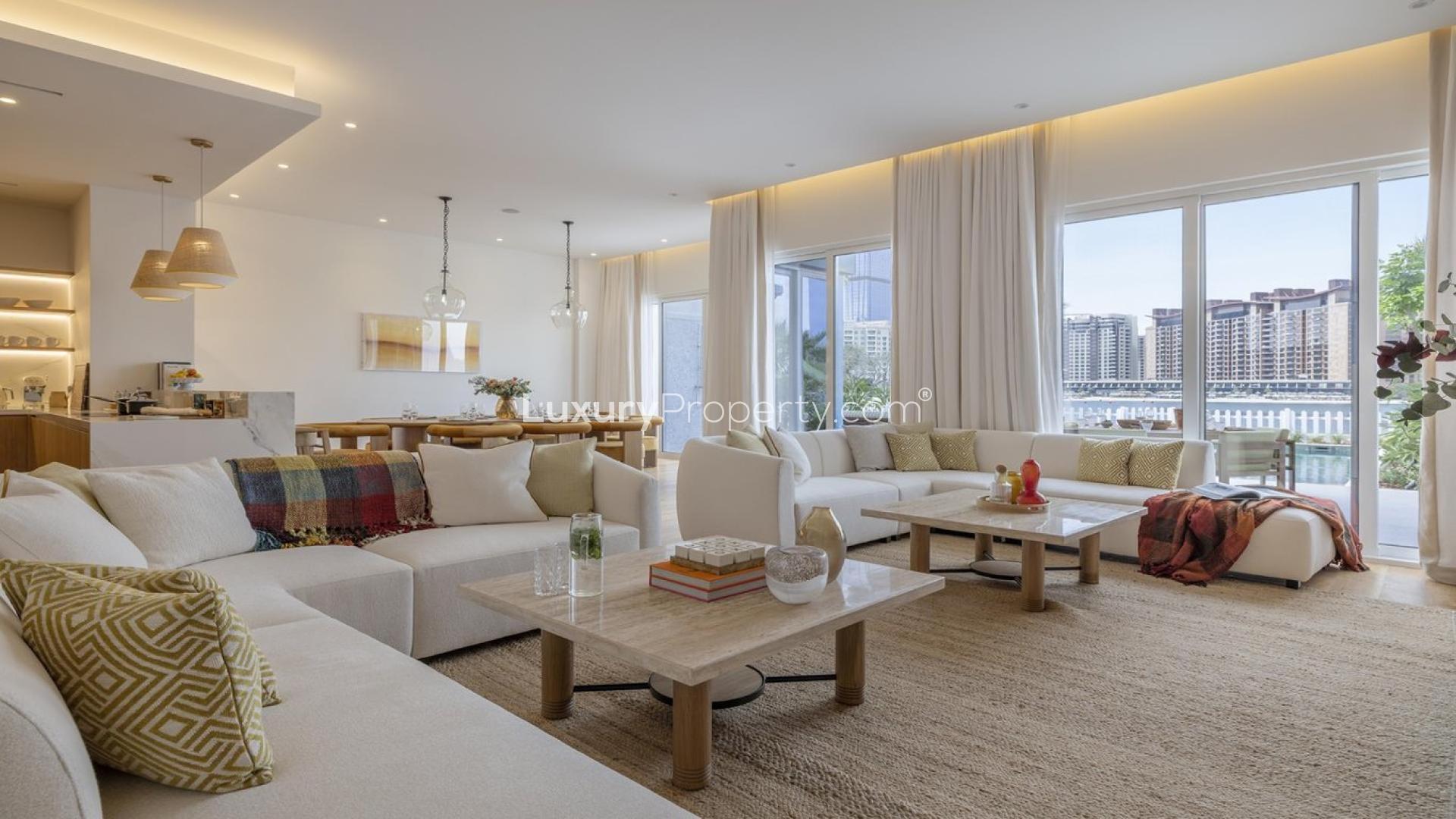 Outdoor terrace of Il Sole Villa in Palma Residences, Palm Jumeirah with sea view