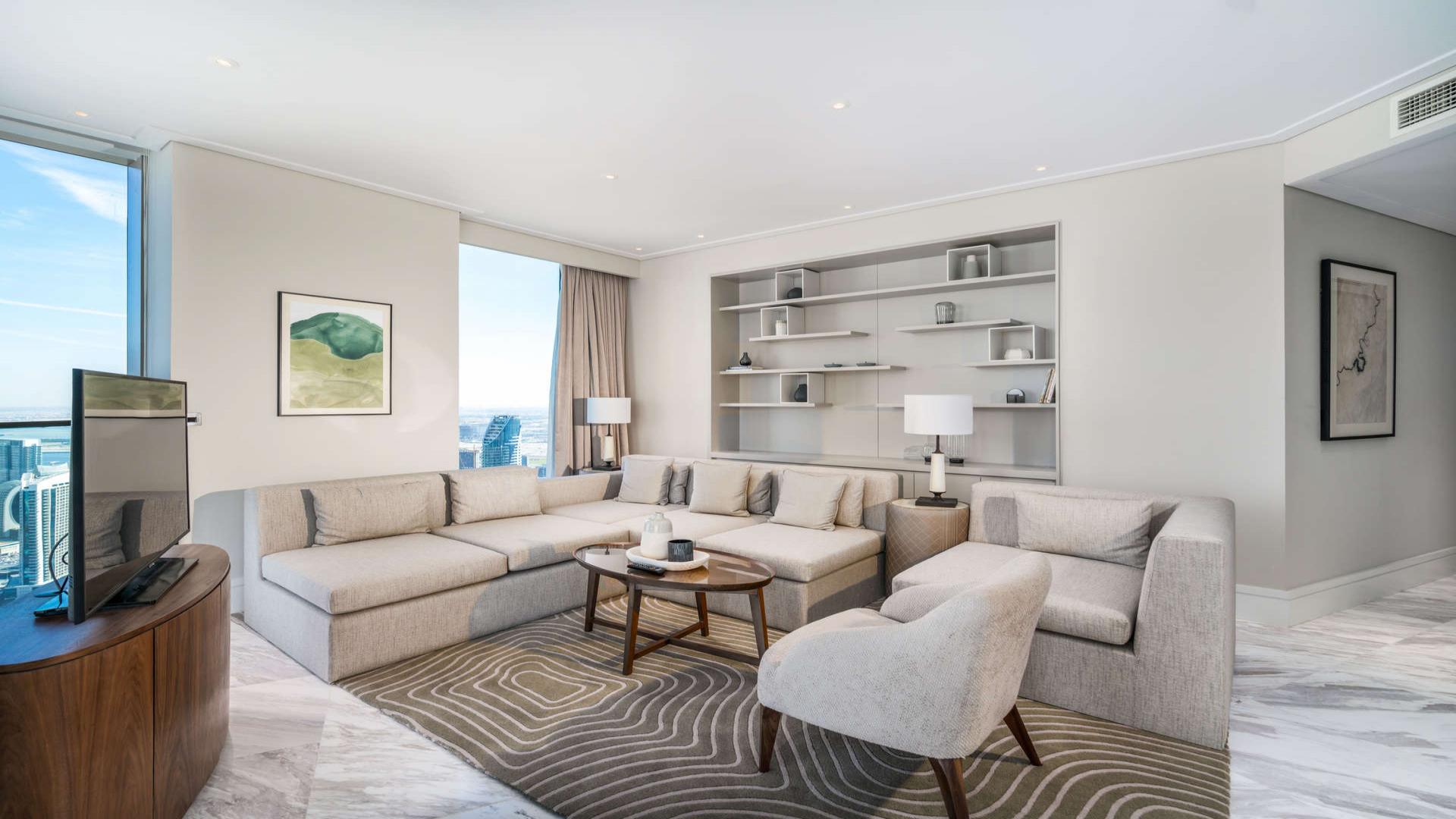 N/A,Furnished living room in duplex penthouse, Downtown Dubai, with Burj Khalifa view