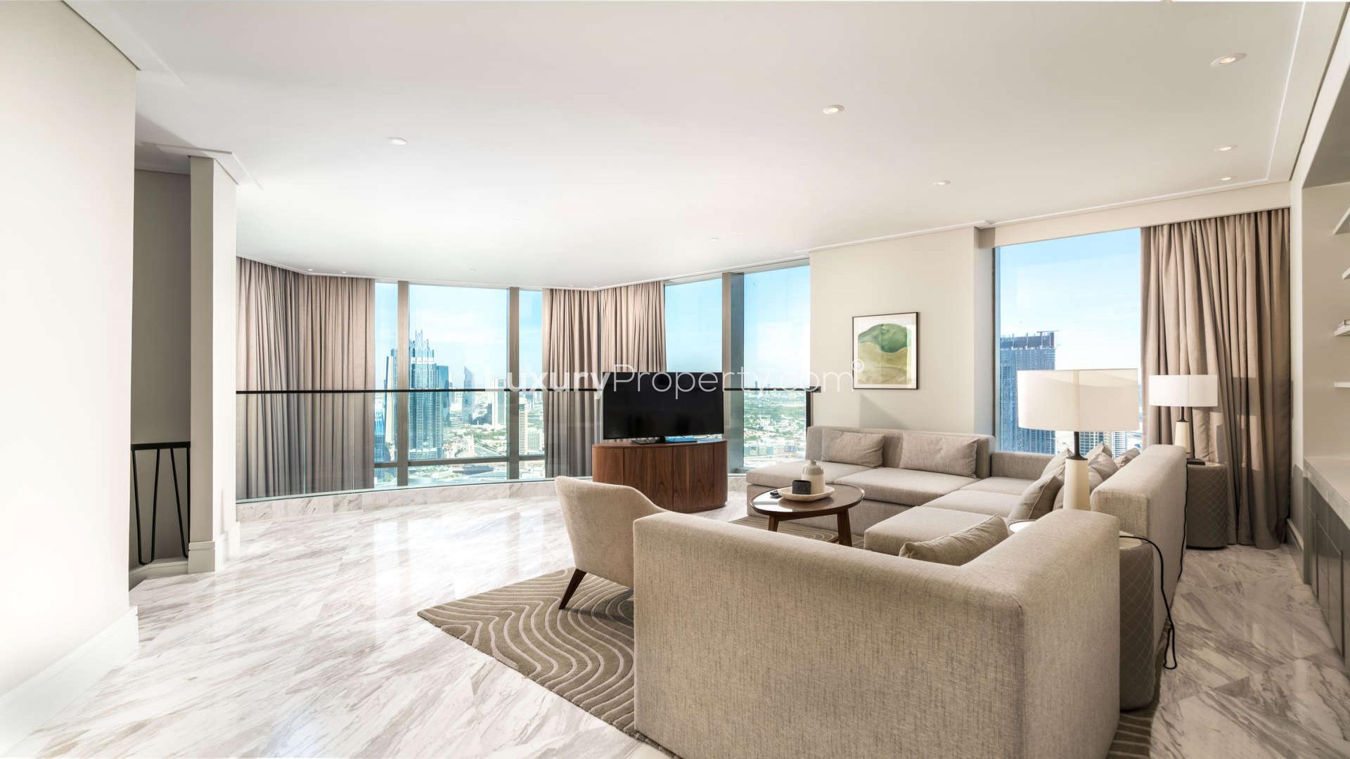 Luxurious living room in furnished duplex penthouse, Vida Residence Downtown, with Burj Khalifa view