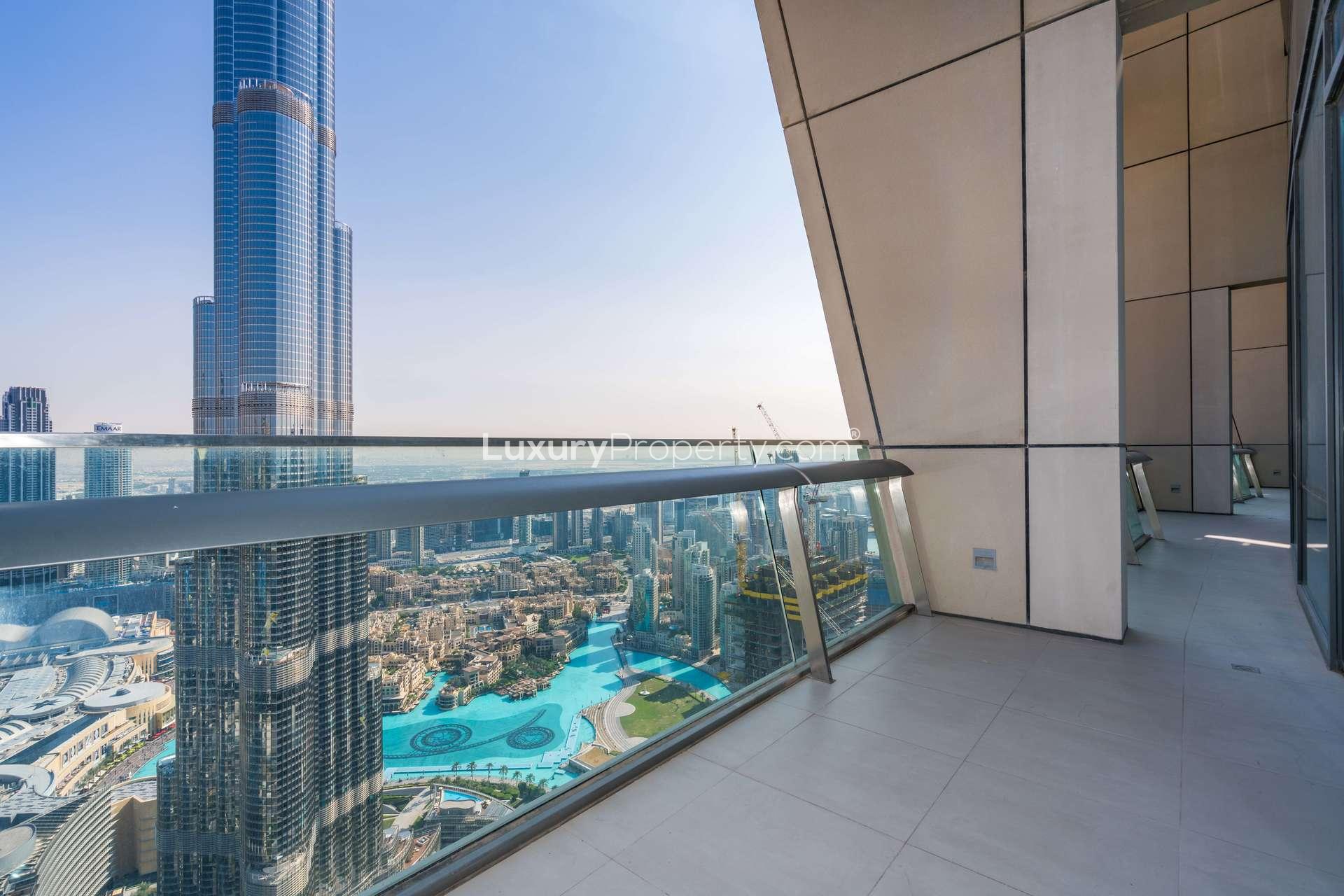 Luxurious living room in duplex penthouse, Burj Vista, Downtown Dubai, with stunning city views