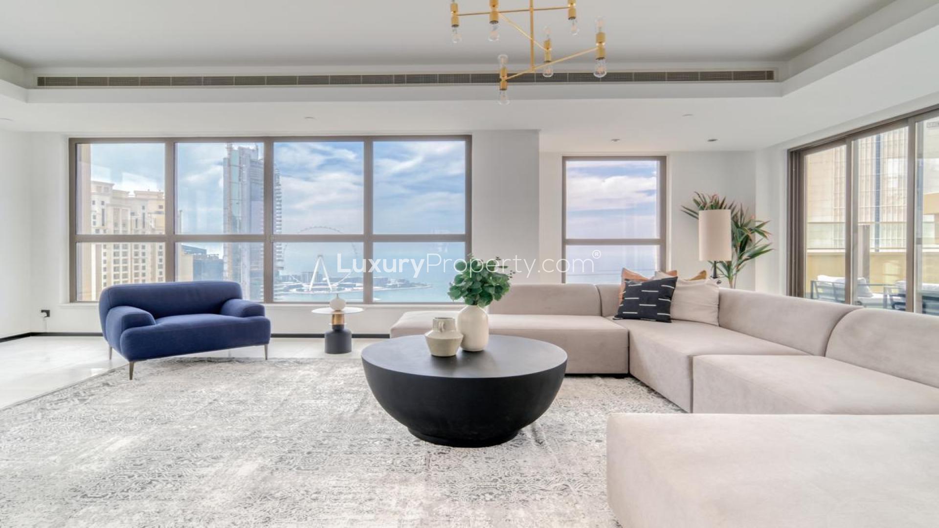 Luxurious penthouse living room with sea views, Jumeirah Beach Residence, Murjan, for rent