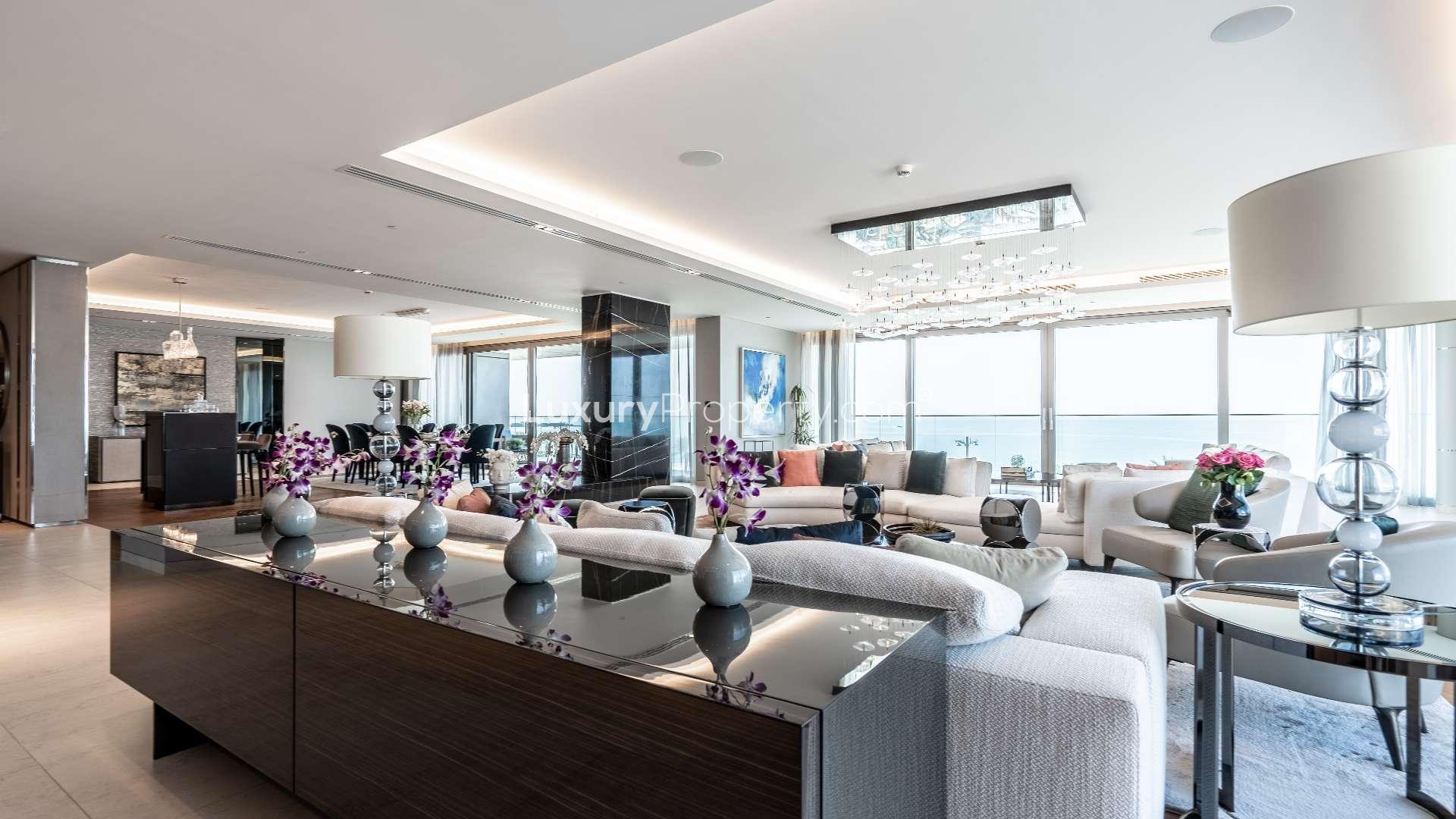 Luxurious living room in W Residences apartment, Palm Jumeirah, with elegant modern decor