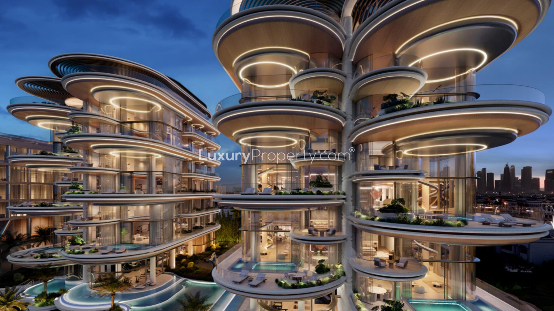 Luxury apartment garage with sleek car and illuminated display, The Rings, Jumeirah