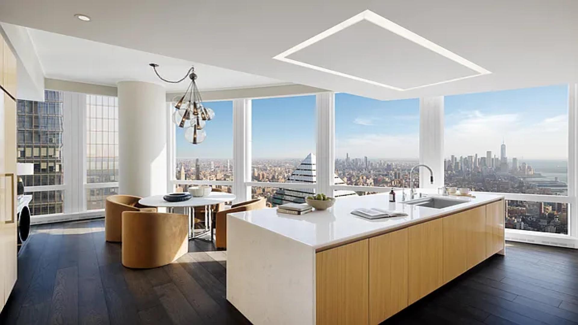 Luxurious living room in 35 Hudson Yards apartment with stunning river and city views