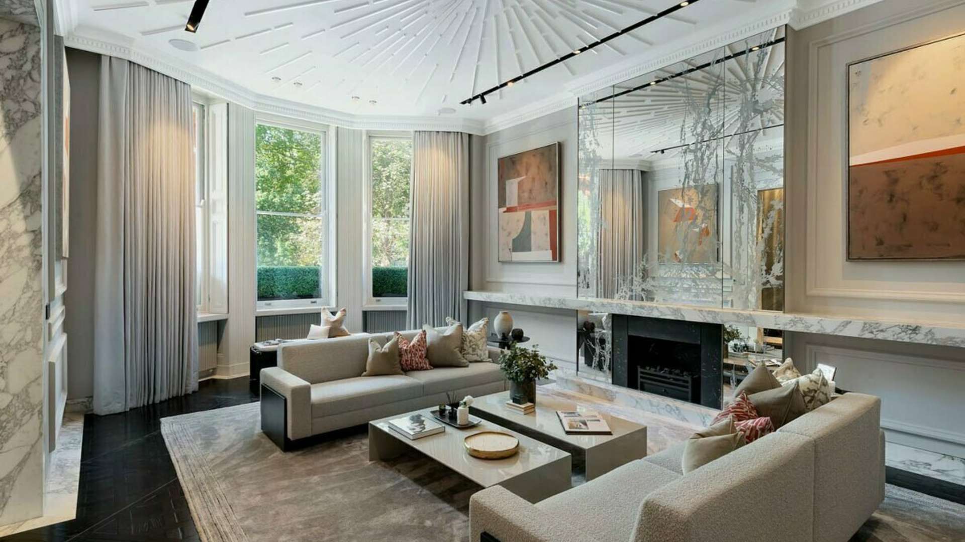 Luxurious living room in Cadogan Square apartment, elegant decor, marble accents, modern art