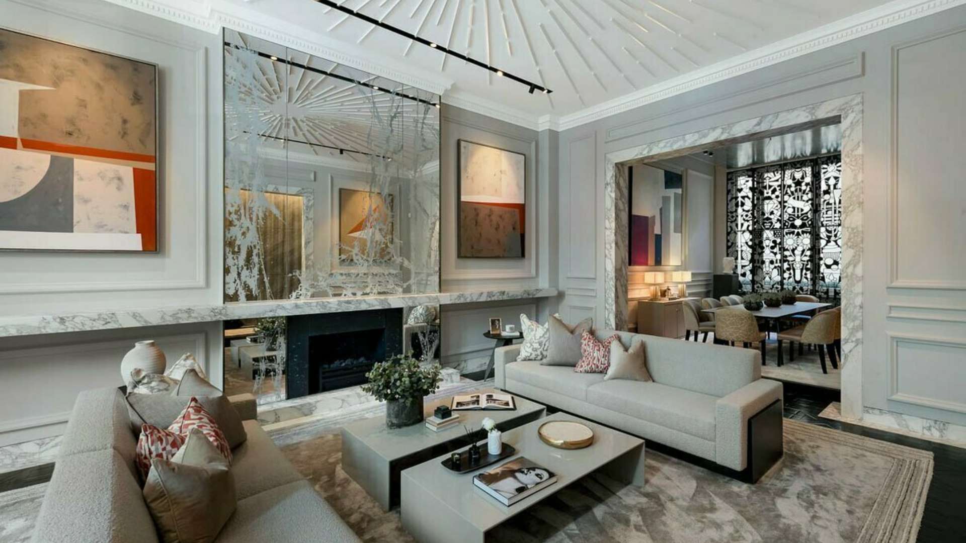 Luxurious living room in a 5-bedroom Cadogan Square apartment, featuring elegant decor and fireplace