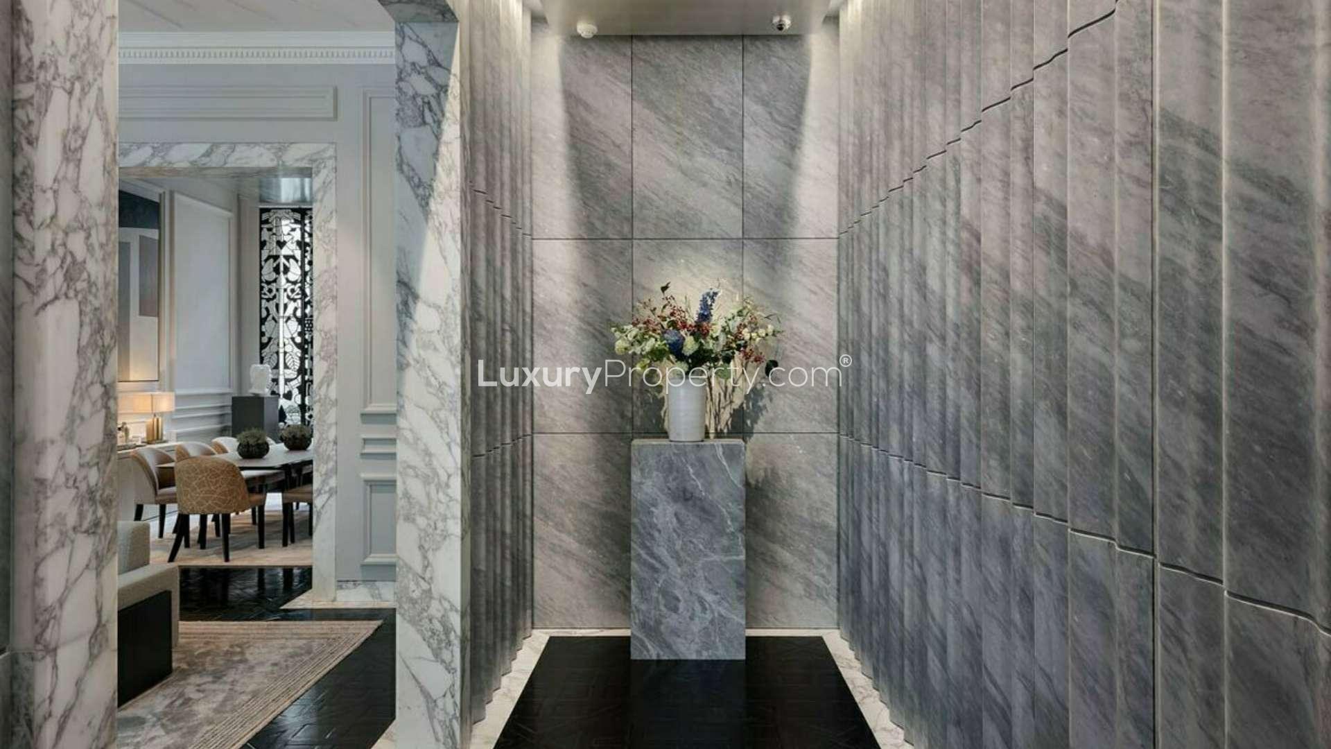 Exquisitely designed living room in luxury Cadogan Square apartment, featuring elegant modern decor