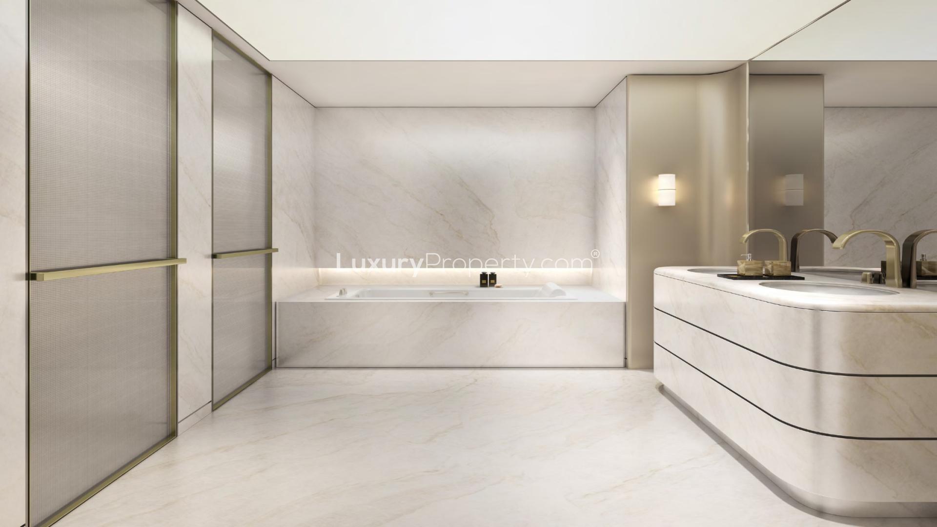 Modern dining area with ocean view in Armani Beach Residences, Palm Jumeirah apartment for sale