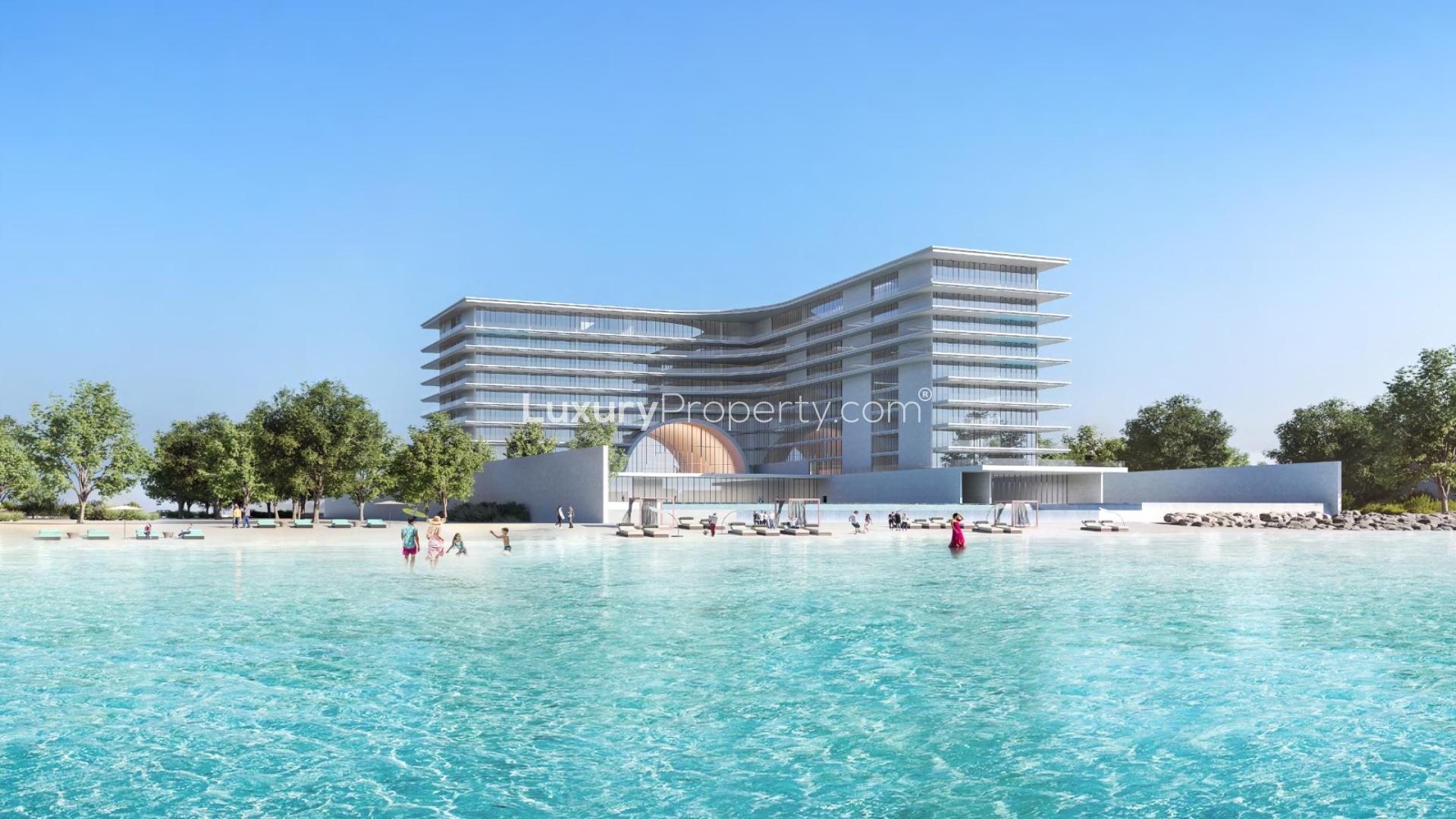 Luxury apartment view with private pool at sunset, Armani Beach Residences, Palm Jumeirah