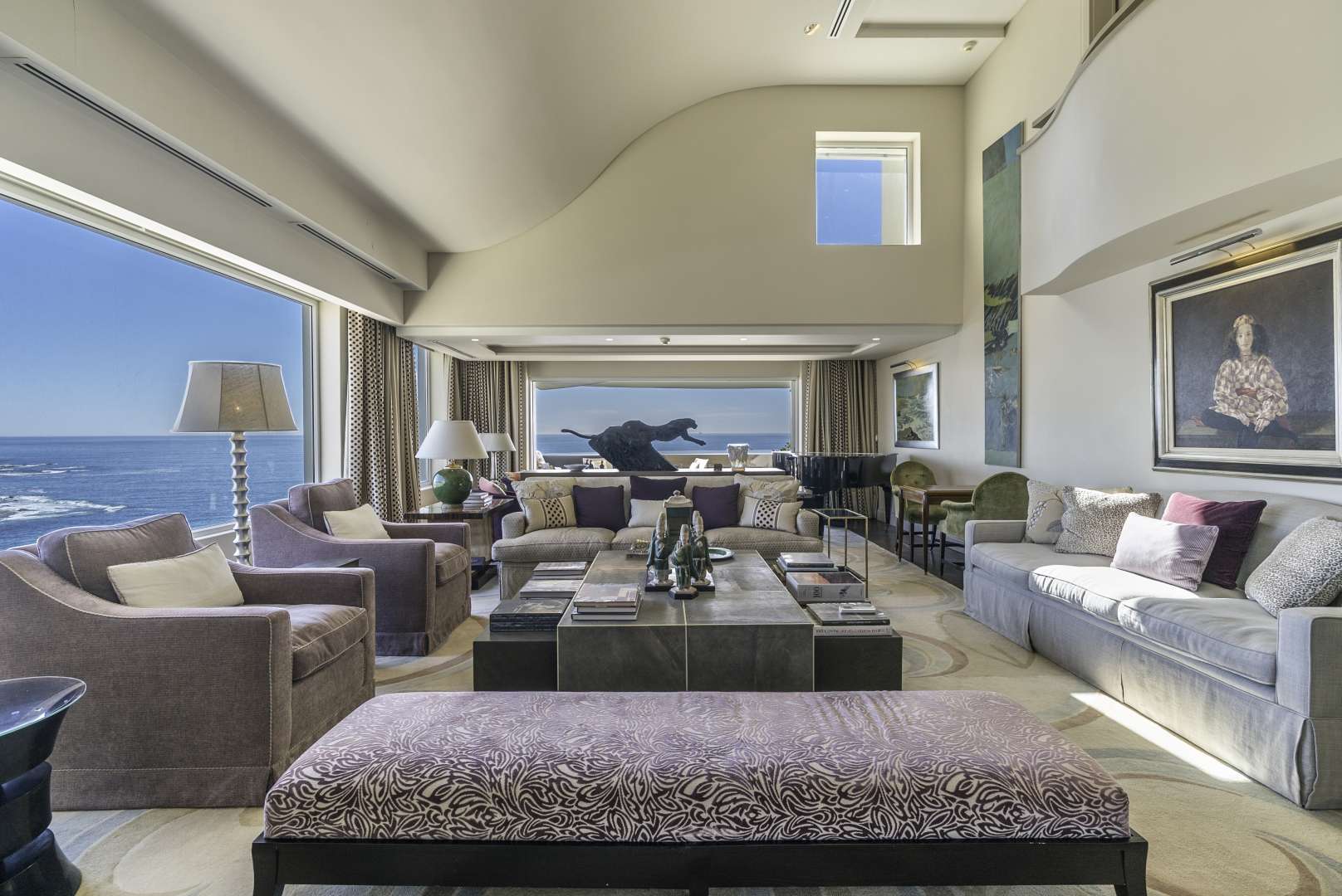 Luxurious Mouille Point penthouse living room with ocean views, Cape Town, for sale