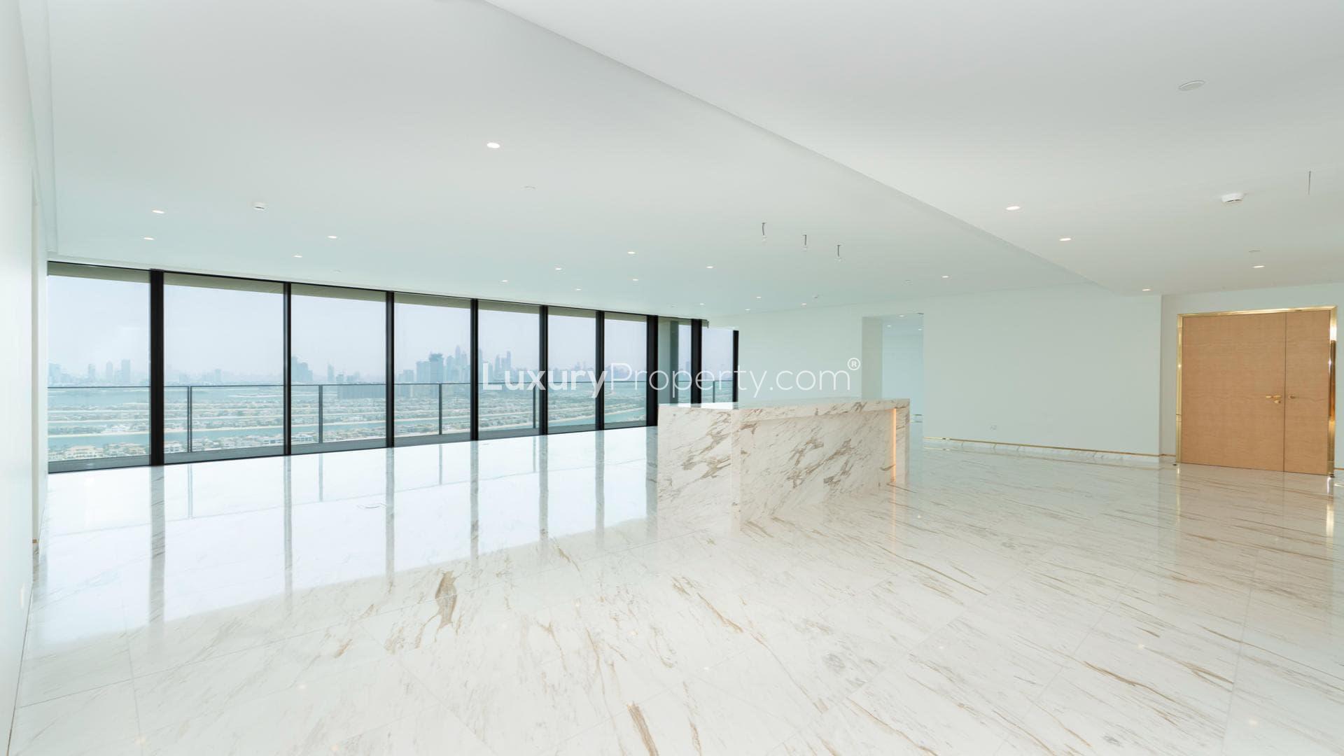 Aerial view of Palm Jumeirah, Dubai skyline, near Atlantis The Royal Residences