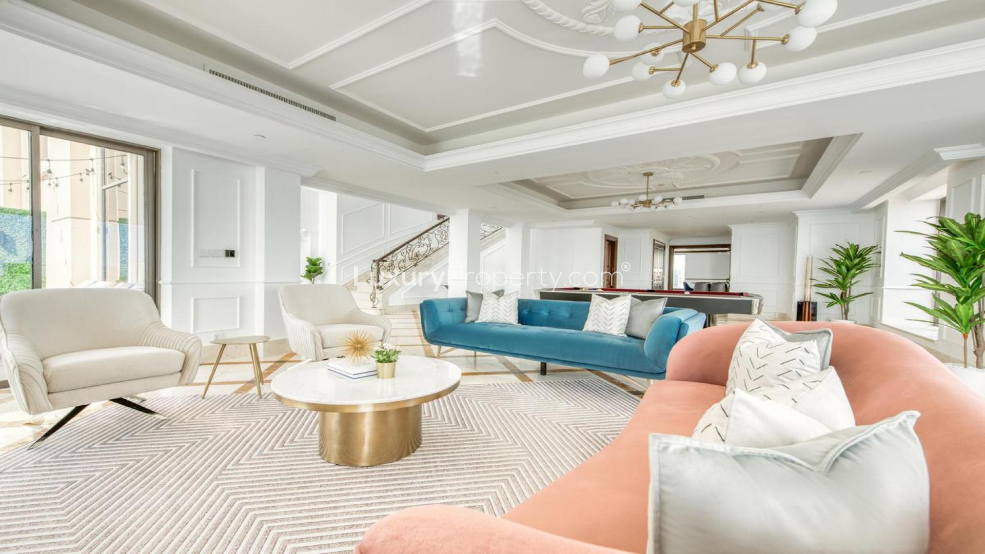 Luxurious living room in Jumeirah Beach Residence penthouse, elegant decor and modern furnishings