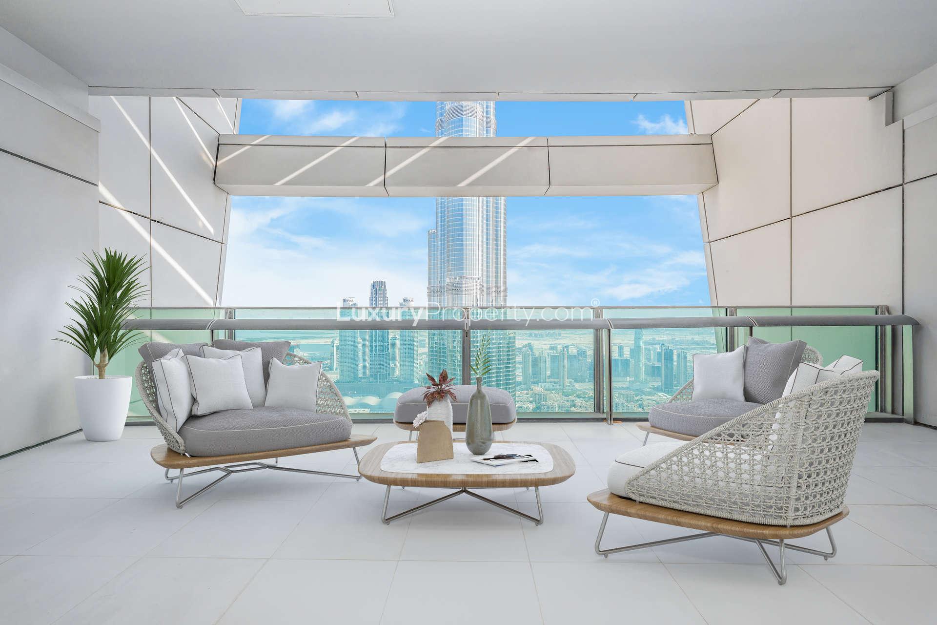 Luxury seating area with stunning Burj Khalifa view from Burj Vista penthouse balcony