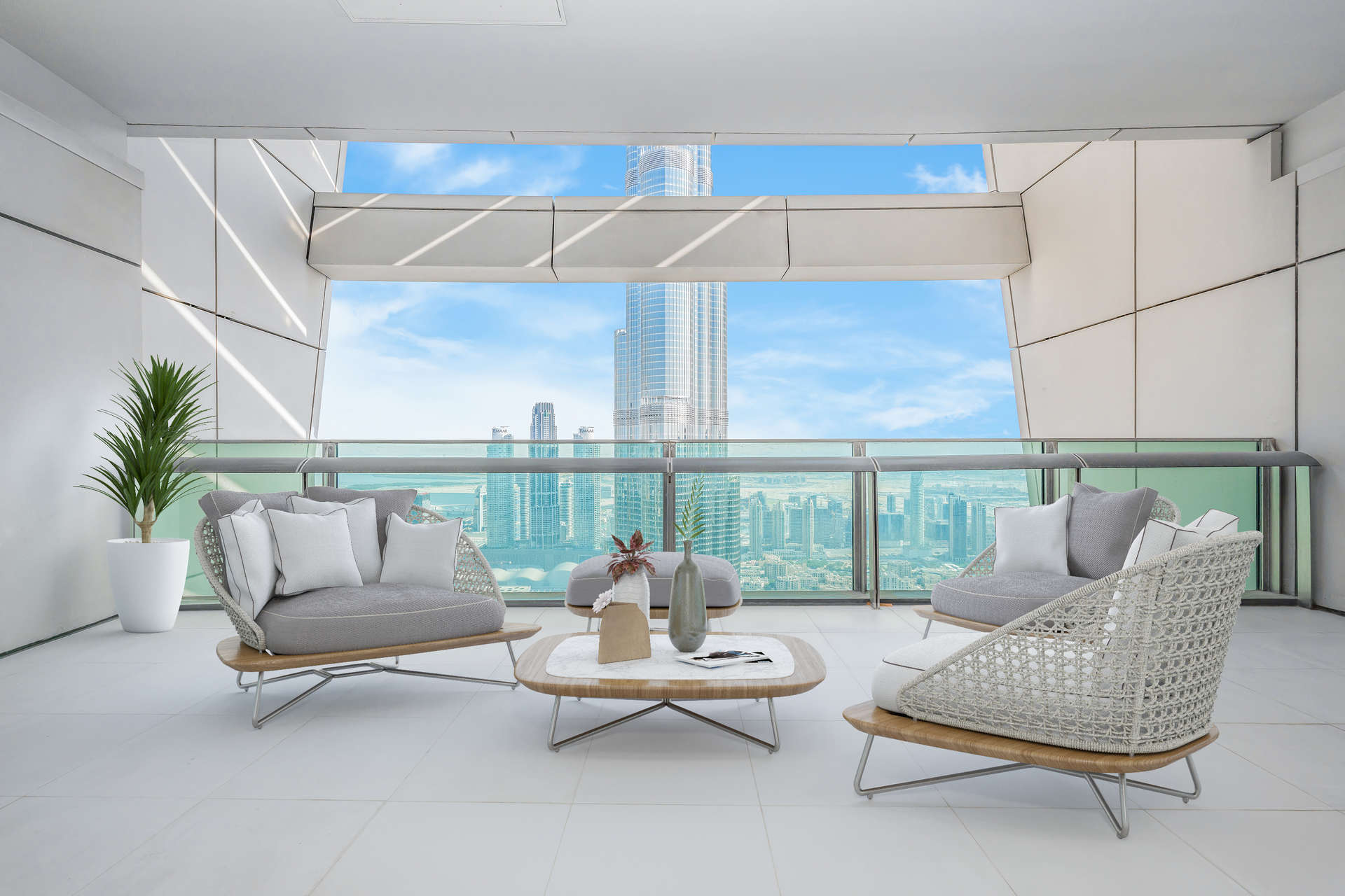 Luxury seating area with stunning Burj Khalifa view from Burj Vista penthouse balcony