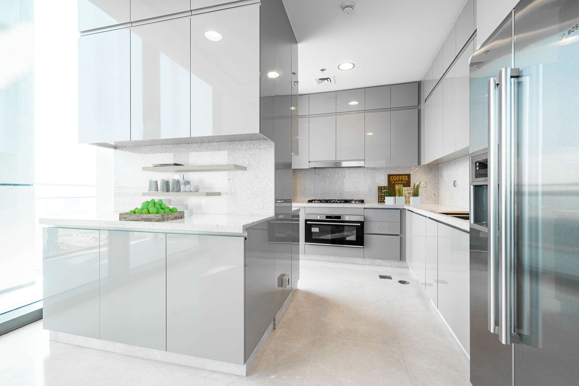 "Stunning Burj Khalifa view from Burj Vista duplex penthouse balcony, Downtown Dubai rental.",Modern kitchen in duplex penthouse, Burj Vista, Downtown Dubai with sleek cabinetry and appliances