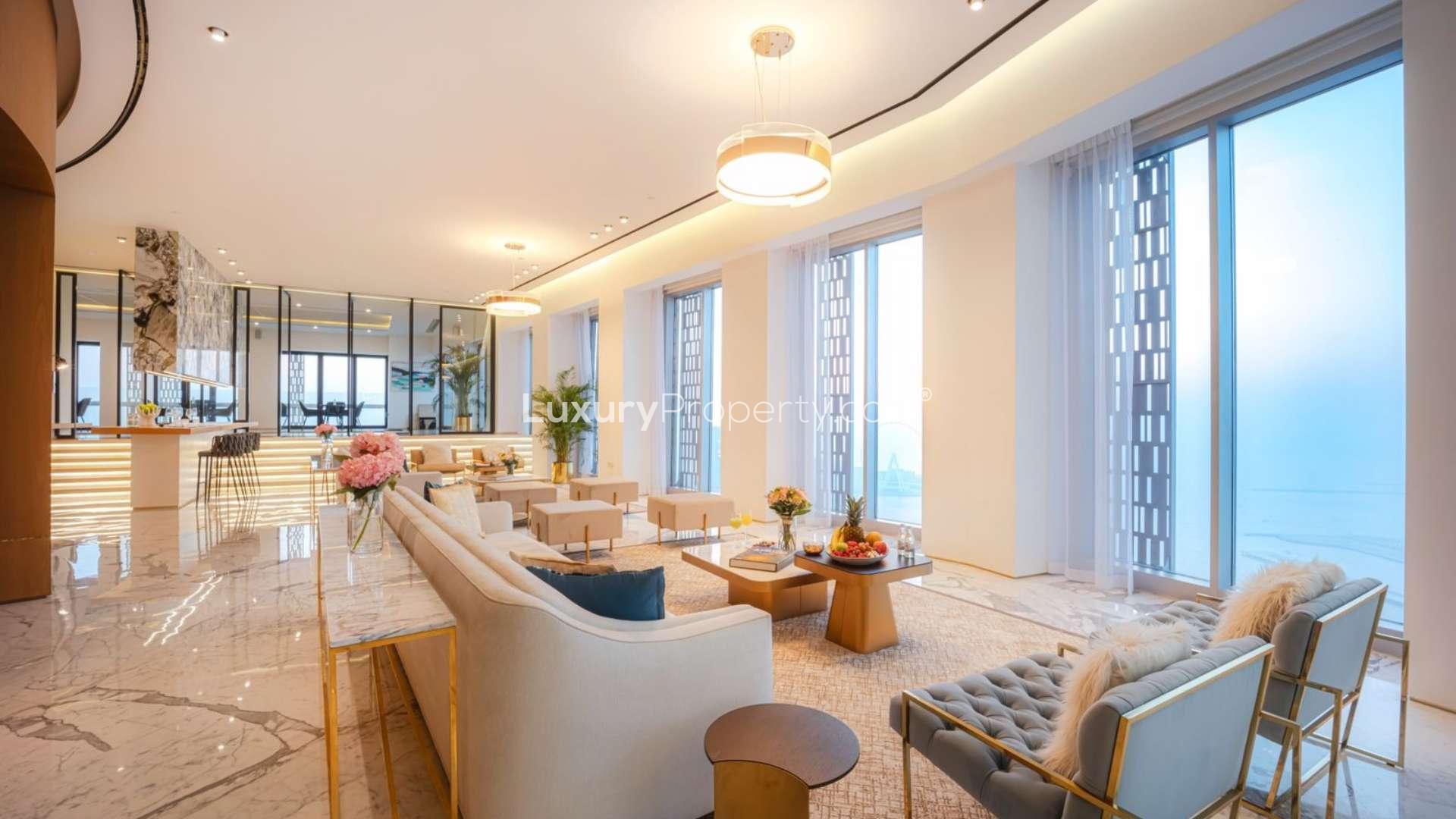 Luxurious living room in 5-bedroom penthouse, Cayan Tower, Dubai Marina, with modern decor