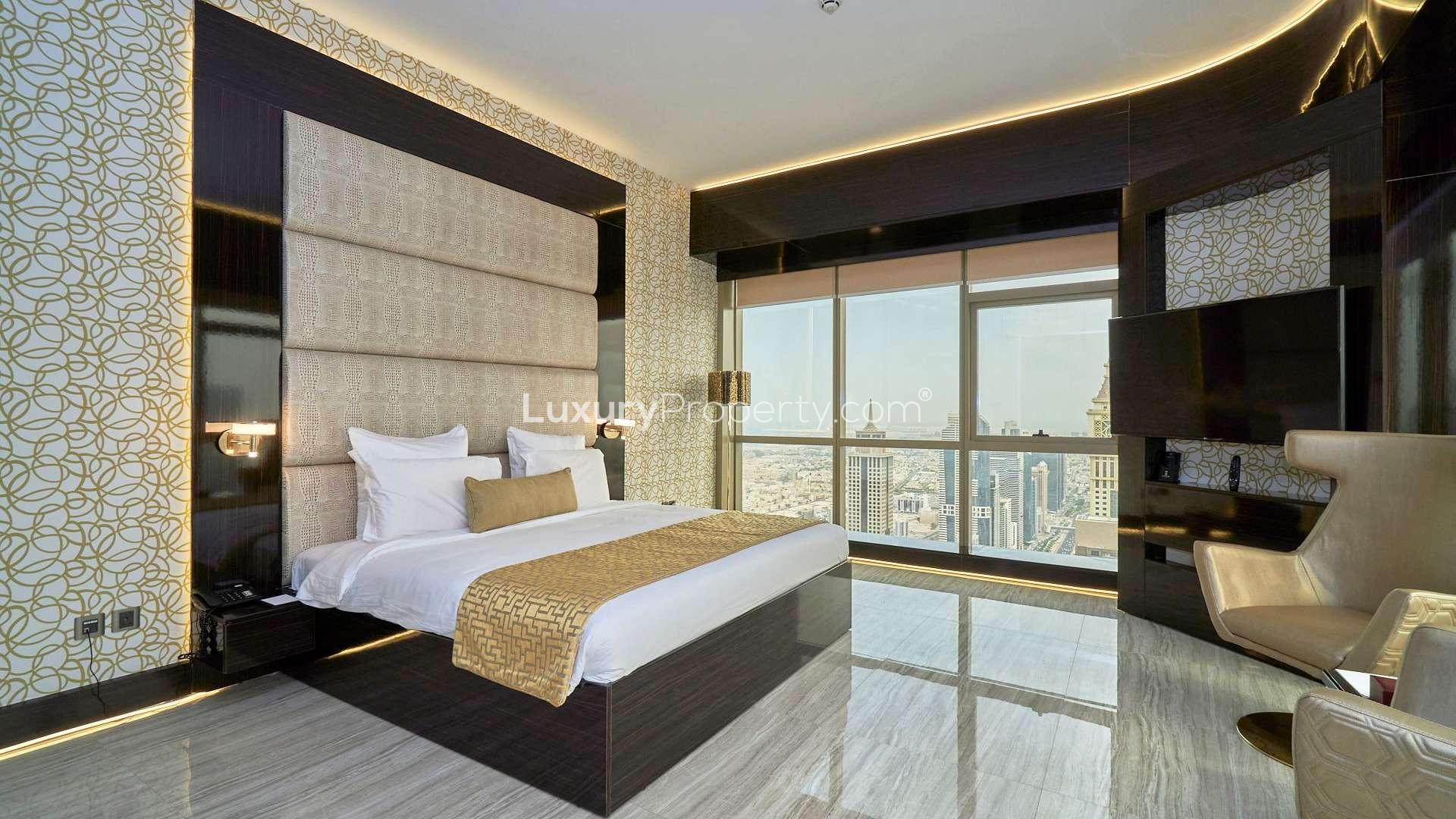 Luxurious hallway of fully furnished penthouse in DIFC Tower, marble floors and elegant design