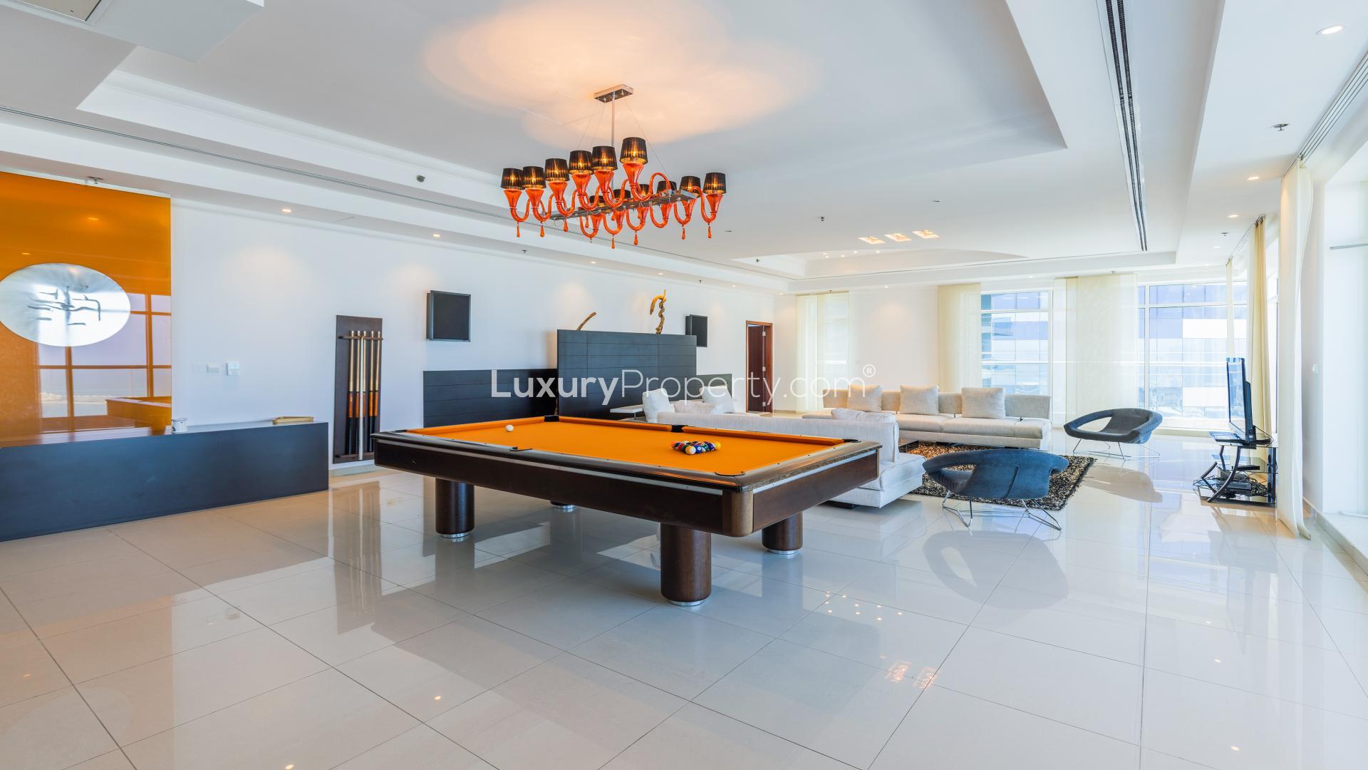 Luxurious living area in 5-bed penthouse, Dubai Marina, Emirates Crown, modern decor