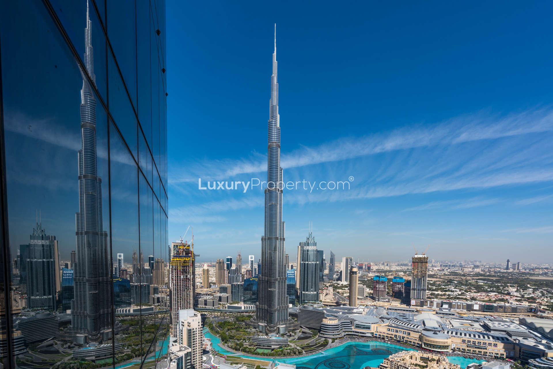 Balcony view from 5-bedroom penthouse in Vida Residences, overlooking Downtown Dubai skyline