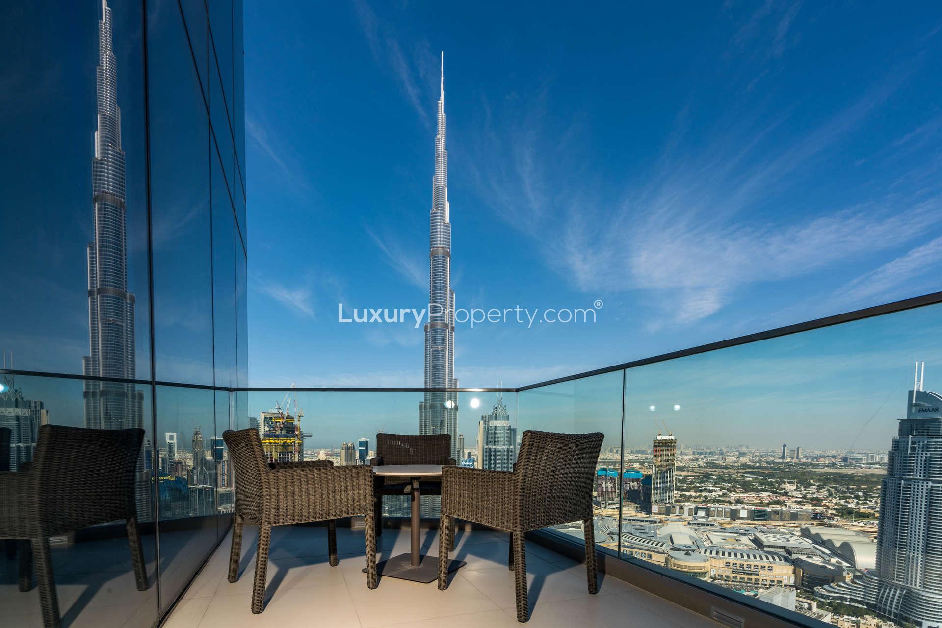 Rooftop terrace view from Vida Residences penthouse, overlooking Downtown Dubai skyline