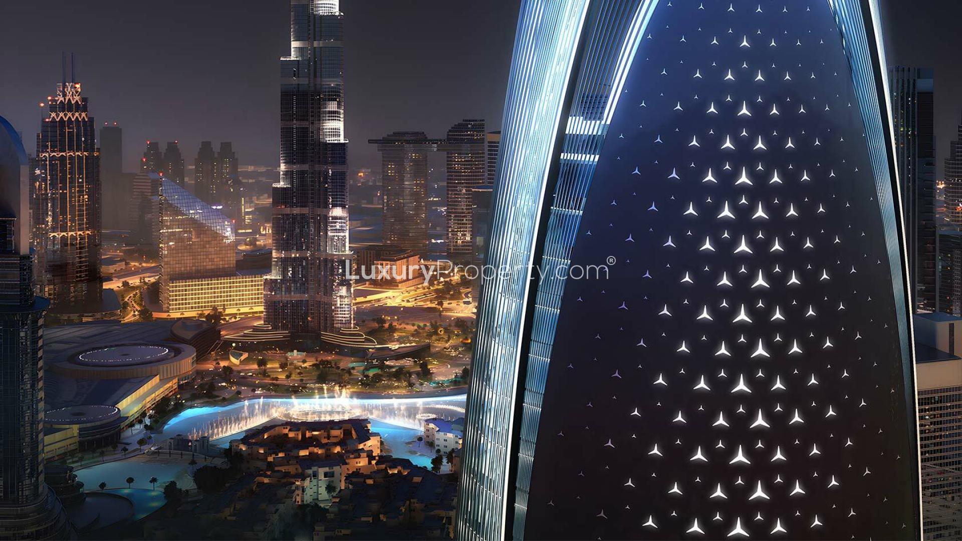 Skyline view from full-floor duplex penthouse in Downtown Dubai at night